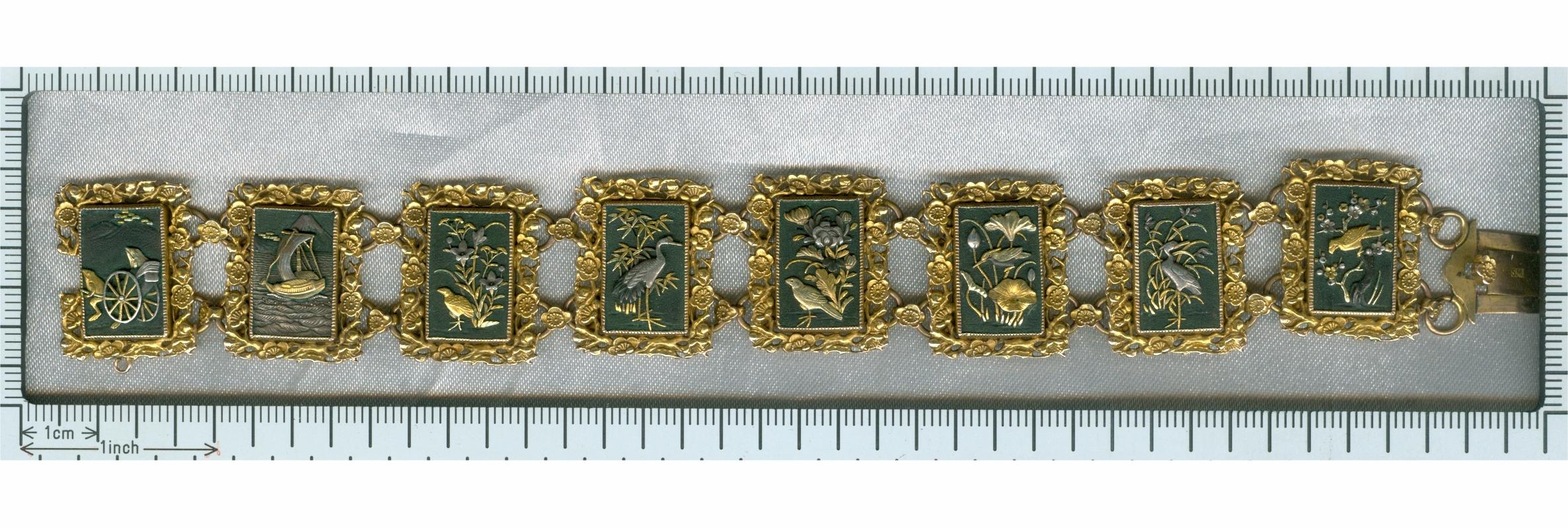 Victorian Damascene Shakudo Nature Miniatures 18 Karat Gold Link Bracelet For Sale 13