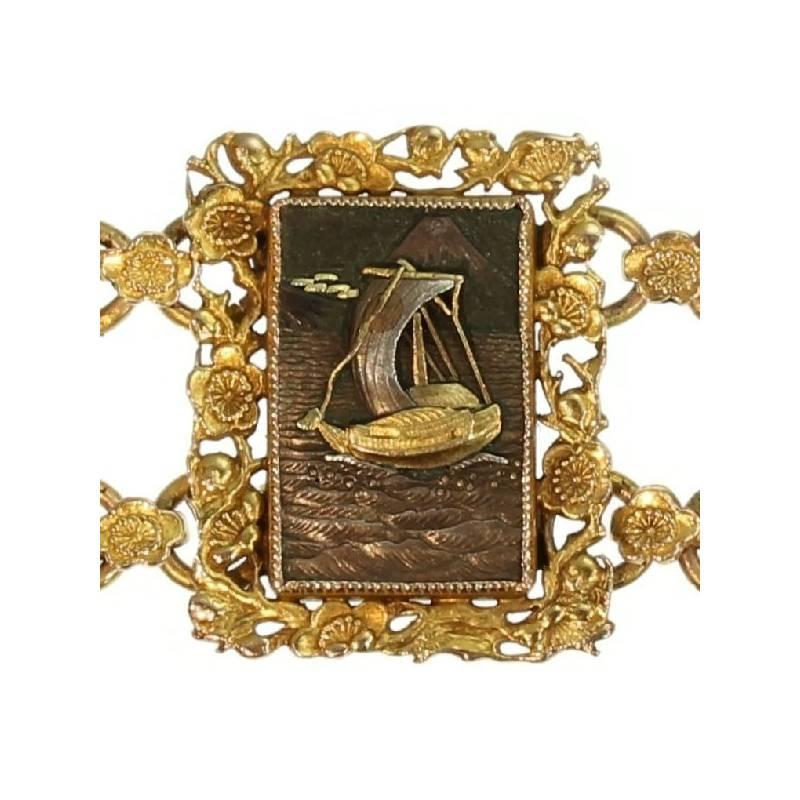 Victorian Damascene Shakudo Nature Miniatures 18 Karat Gold Link Bracelet For Sale 5