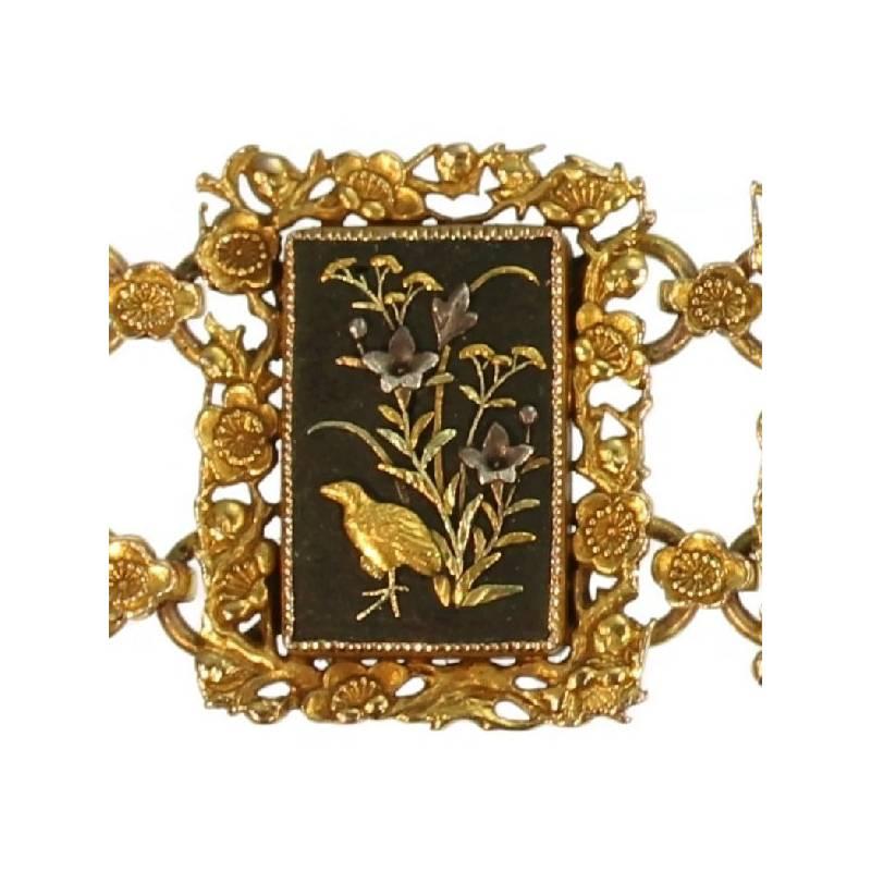 Victorian Damascene Shakudo Nature Miniatures 18 Karat Gold Link Bracelet For Sale 6