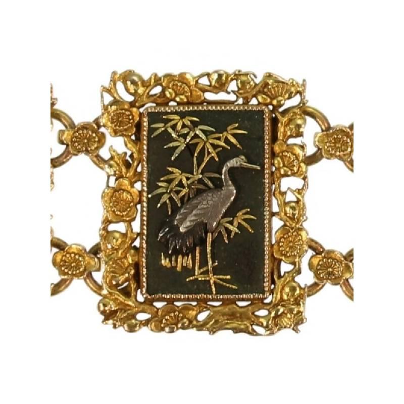 Victorian Damascene Shakudo Nature Miniatures 18 Karat Gold Link Bracelet For Sale 7