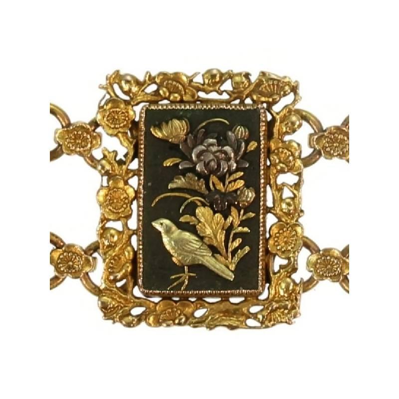 Victorian Damascene Shakudo Nature Miniatures 18 Karat Gold Link Bracelet For Sale 8