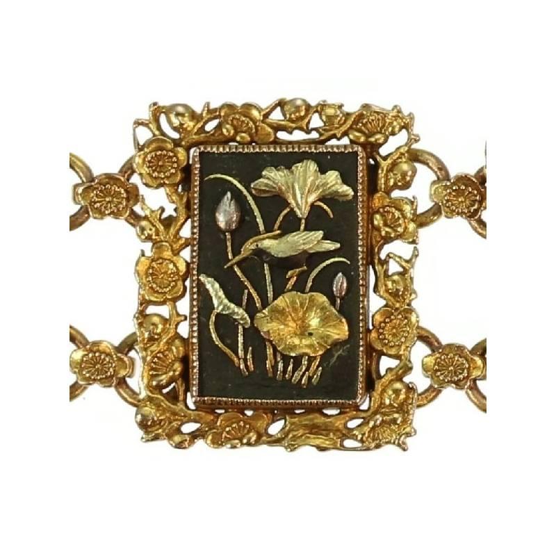 Victorian Damascene Shakudo Nature Miniatures 18 Karat Gold Link Bracelet For Sale 9