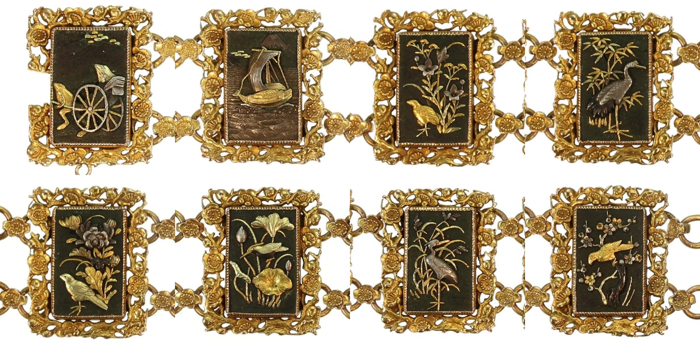 Victorian Damascene Shakudo Nature Miniatures 18 Karat Gold Link Bracelet For Sale 3