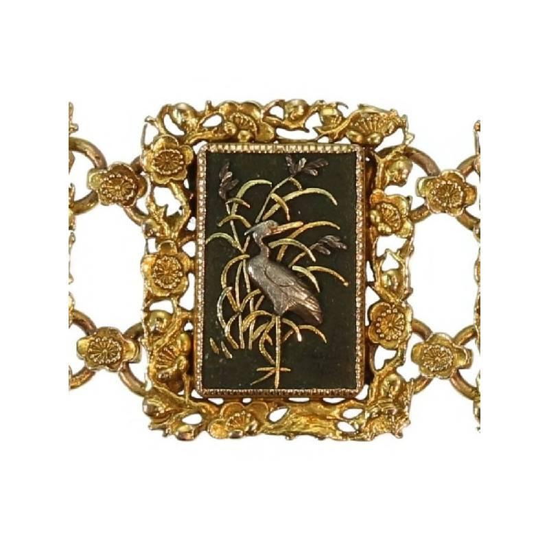 Victorian Damascene Shakudo Nature Miniatures 18 Karat Gold Link Bracelet For Sale 10