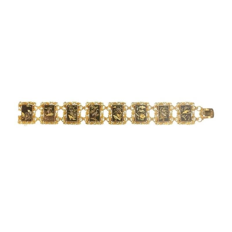 Victorian Damascene Shakudo Nature Miniatures 18 Karat Gold Link Bracelet For Sale