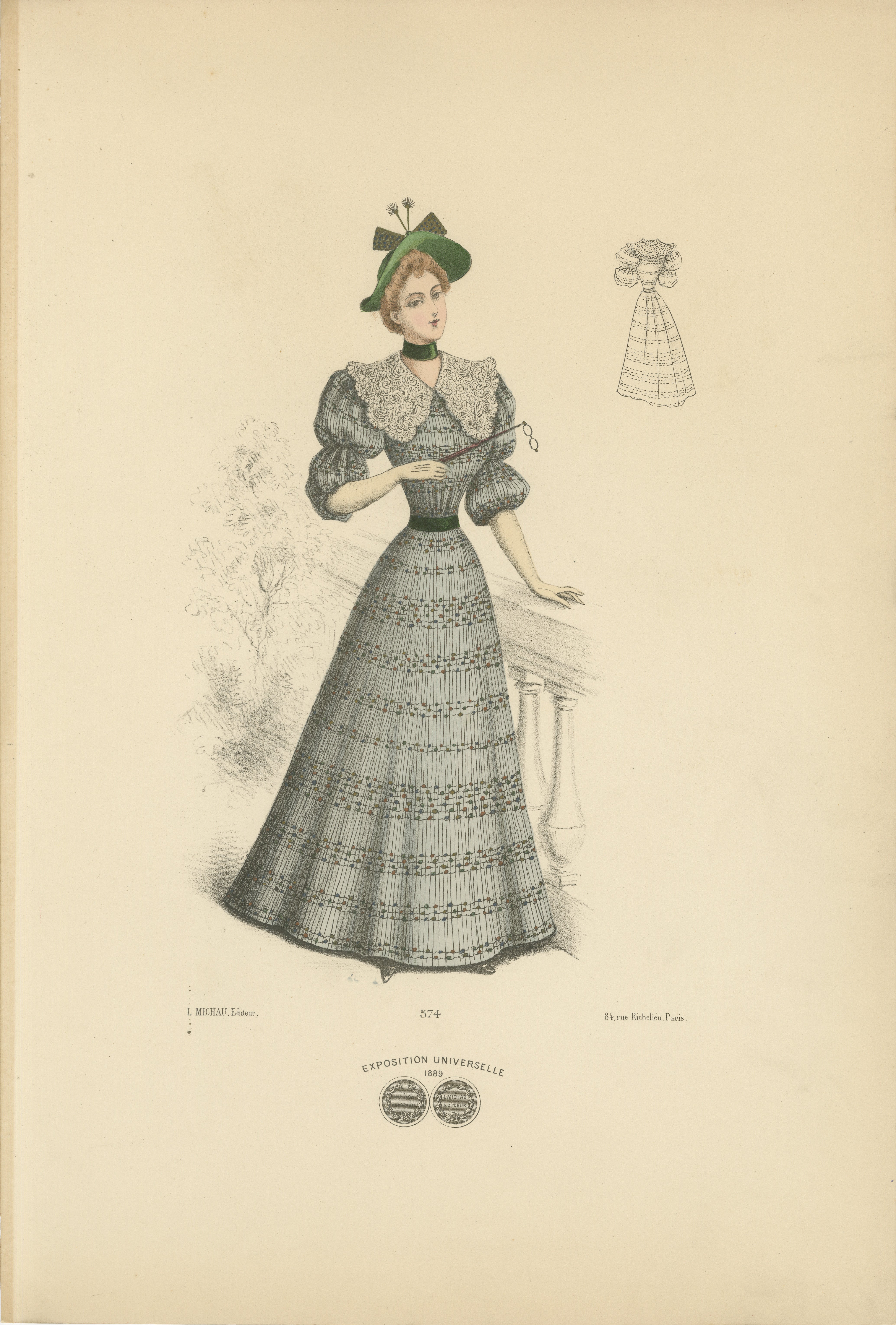 This lithograph showcases a fashionable woman from 1889, dressed in an elegant day dress that reflects the refined style of the late Victorian era. The gown is made from a light fabric with a subtle checkered pattern, adorned with horizontal stripes