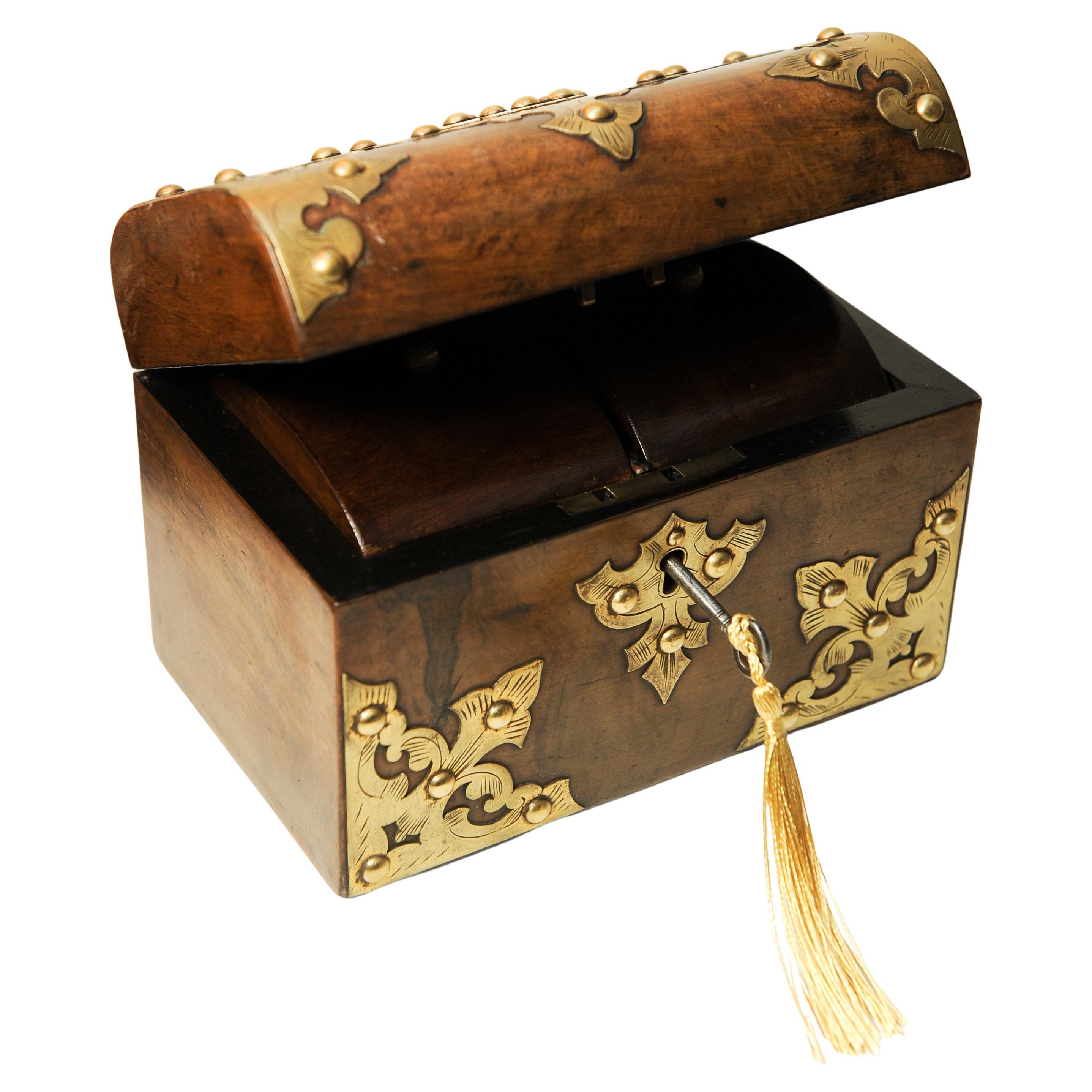 British Victorian Decorative Brass Bound Burr Walnut Domed Tea Caddy Chest With Key For Sale