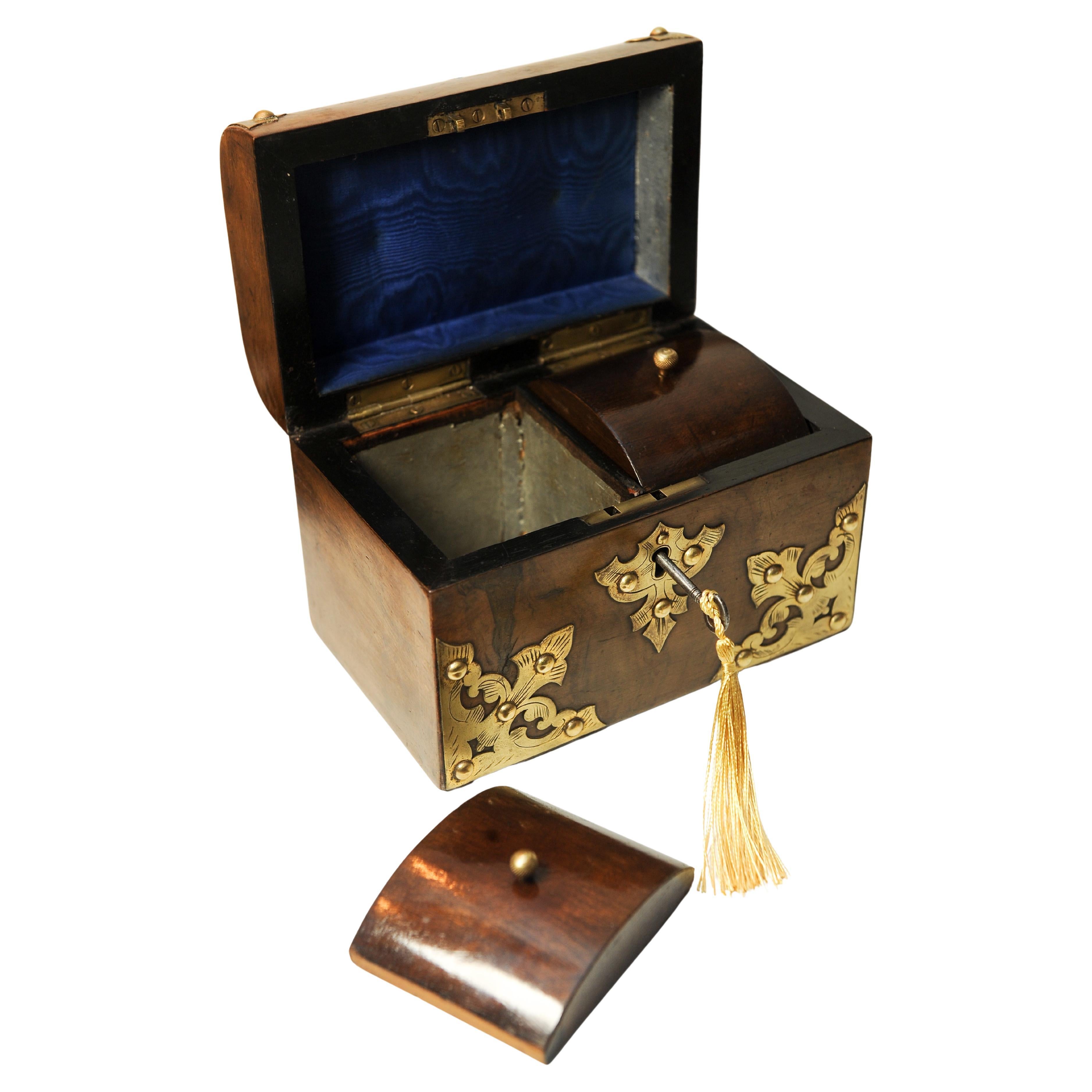 Veneer Victorian Decorative Brass Bound Burr Walnut Domed Tea Caddy Chest With Key For Sale