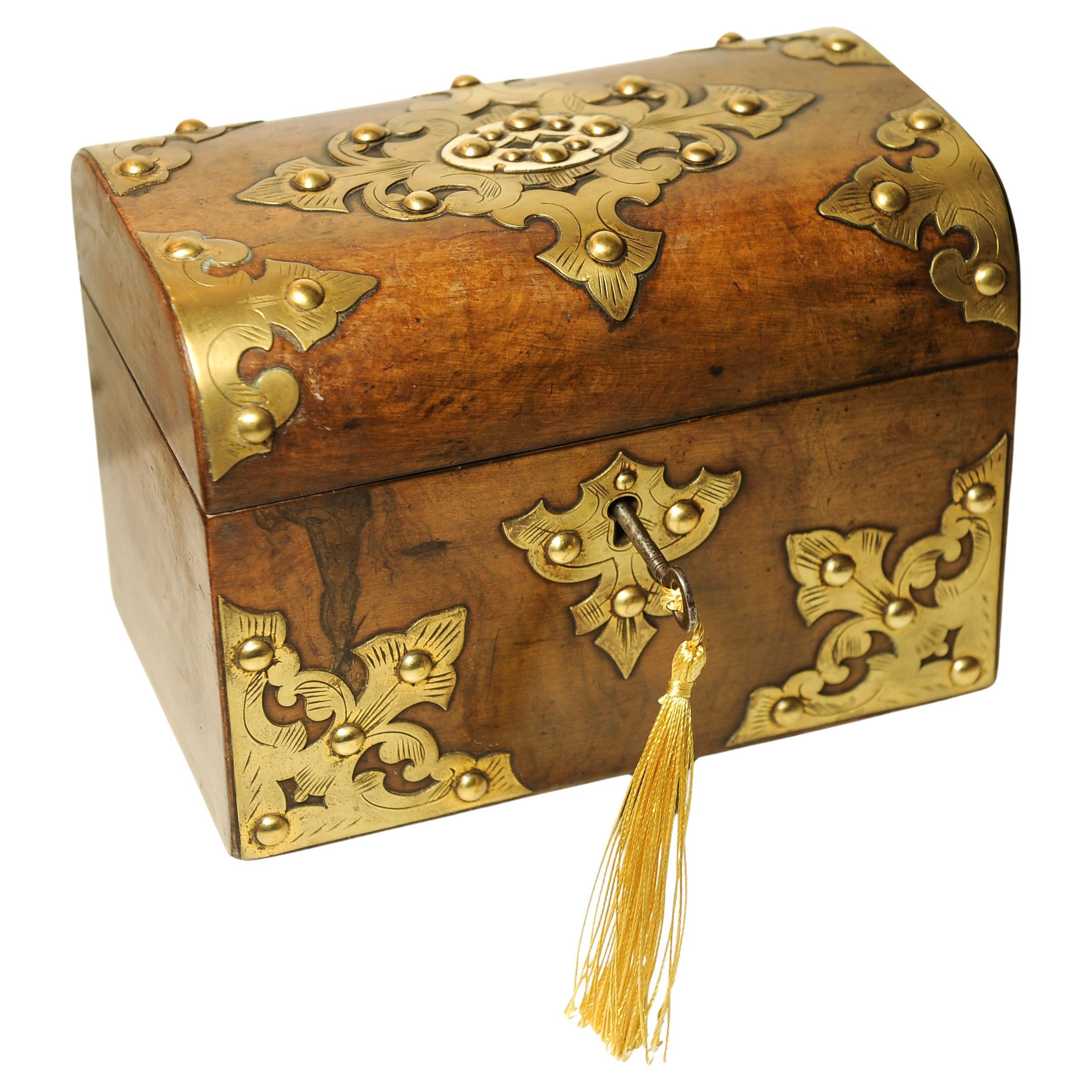19th Century Victorian Decorative Brass Bound Burr Walnut Domed Tea Caddy Chest With Key For Sale