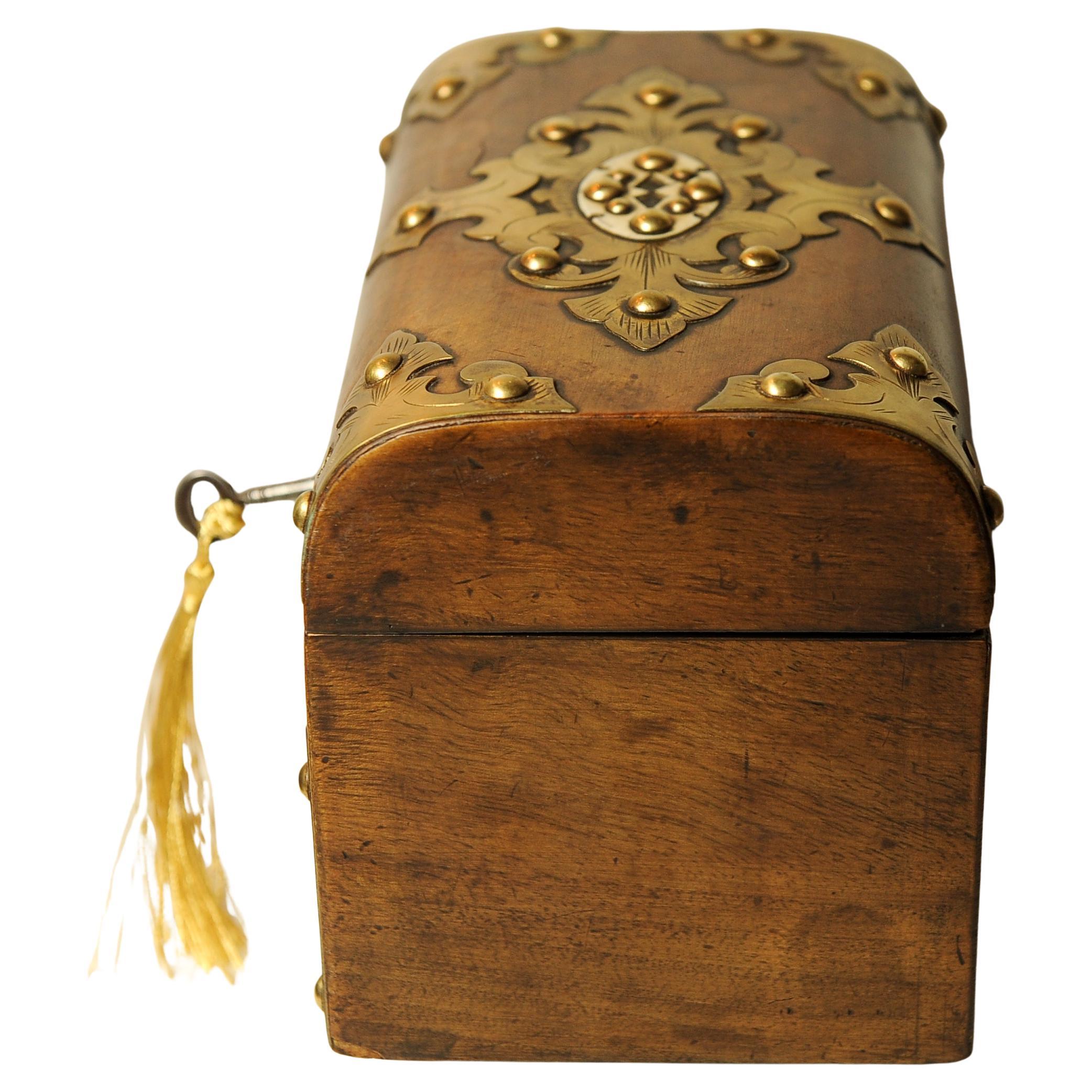 Victorian Decorative Brass Bound Burr Walnut Domed Tea Caddy Chest With Key For Sale 1