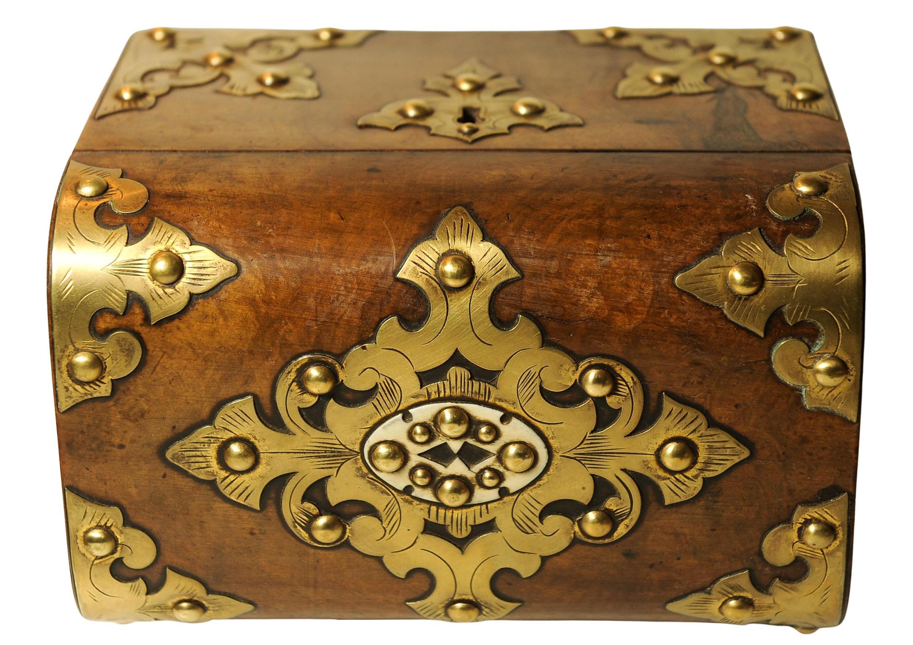 Victorian Decorative Brass Bound Burr Walnut Domed Tea Caddy Chest With Key For Sale 2