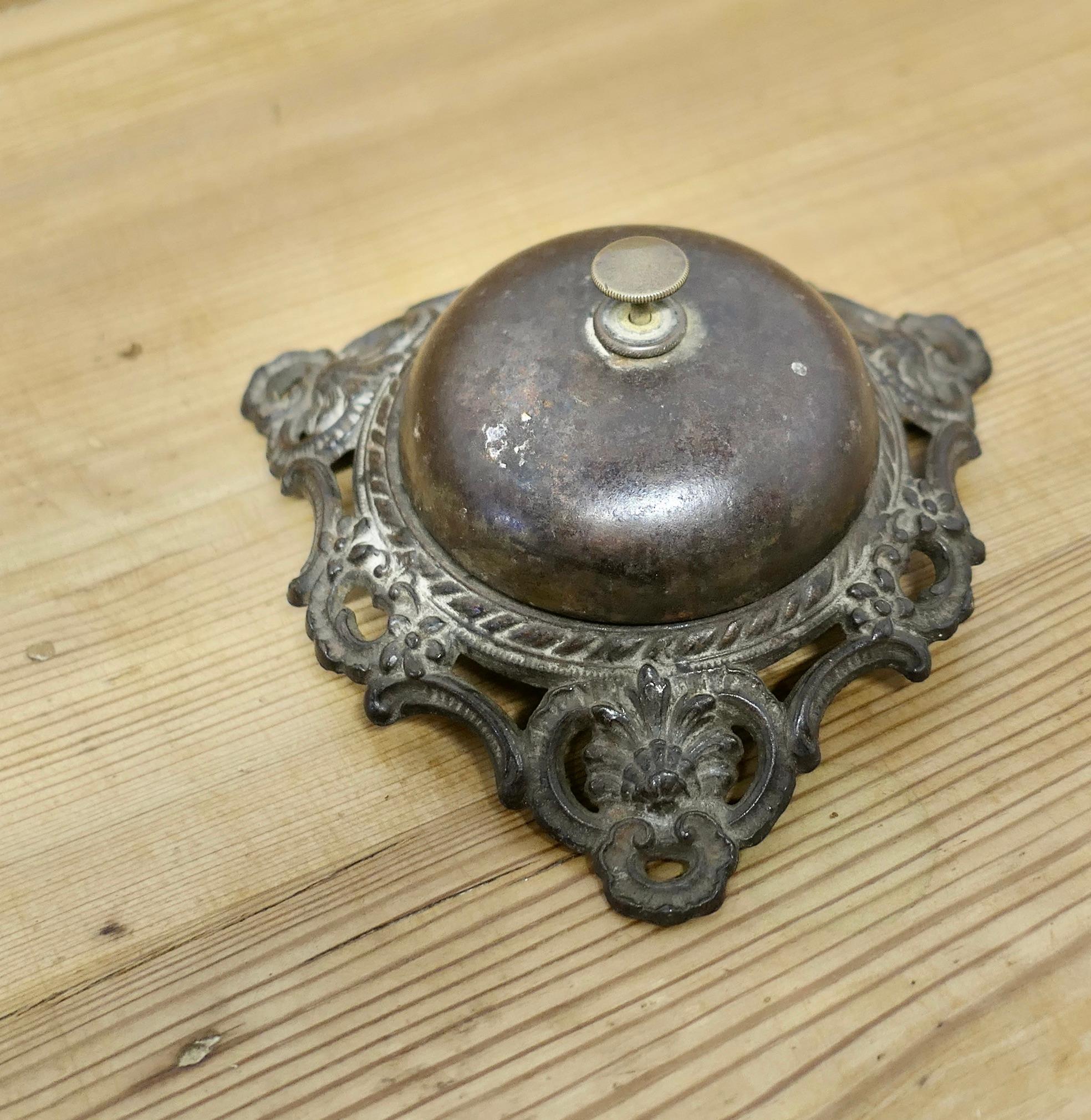 Arts and Crafts Victorian Decorative Iron Courtesy Counter Top Bell, Reception Desk Bell   For Sale