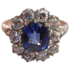 Victorian Deep Blue Sapphire Old Cut Diamond 18 Karat Rose Gold Cluster Ring