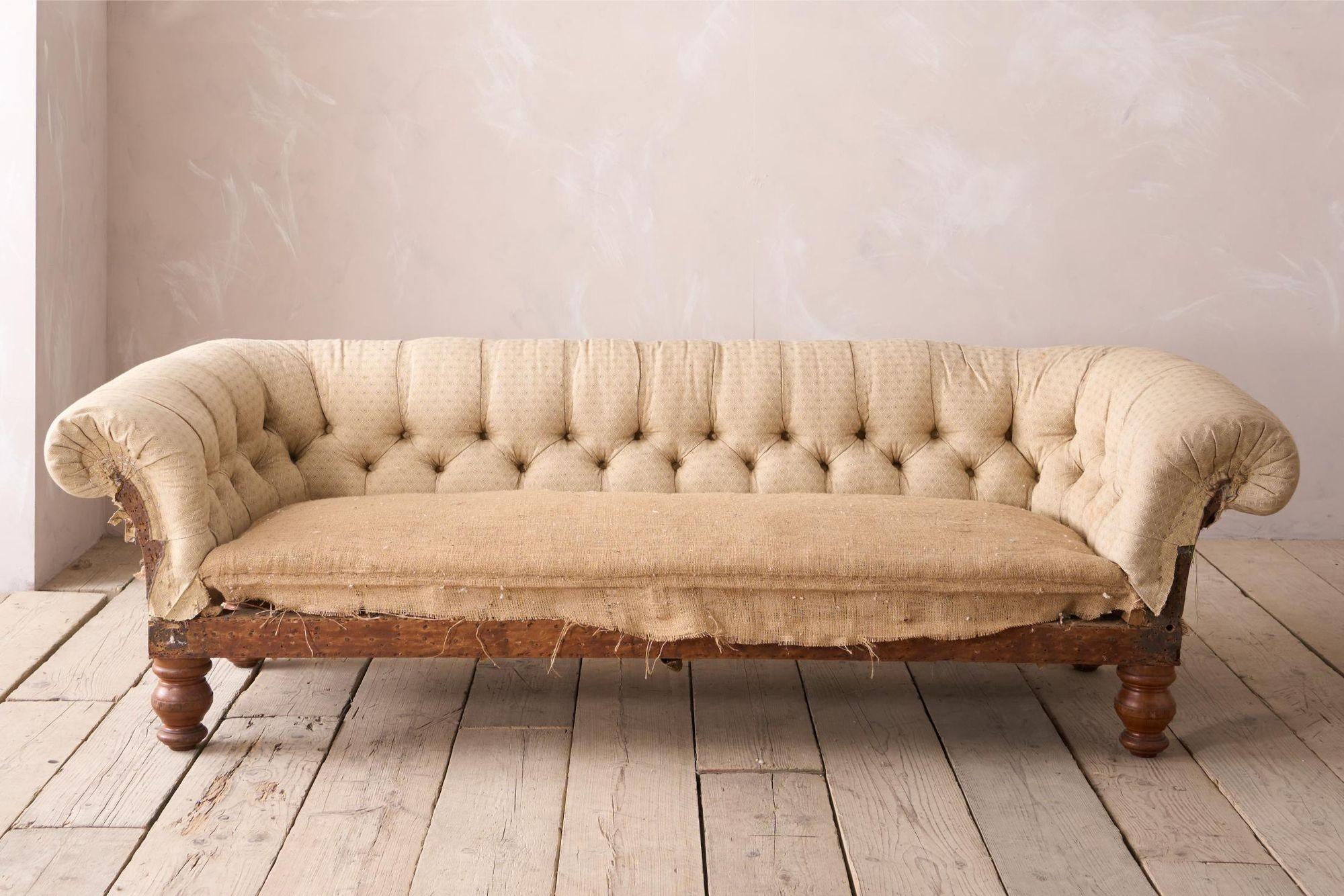 19th Century Victorian deep buttoned scroll arm chesterfield sofa