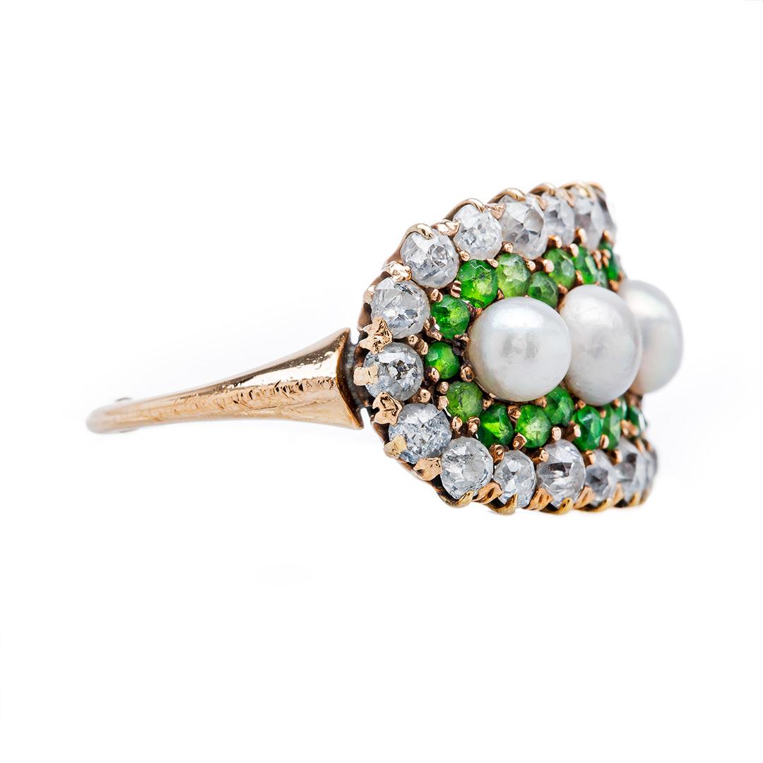 Victorian Demantoid Diamond and Pearl Cluster Ring In Excellent Condition For Sale In Beverly Hills, CA