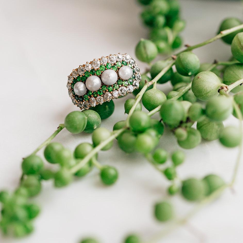 Women's Victorian Demantoid Diamond and Pearl Cluster Ring For Sale