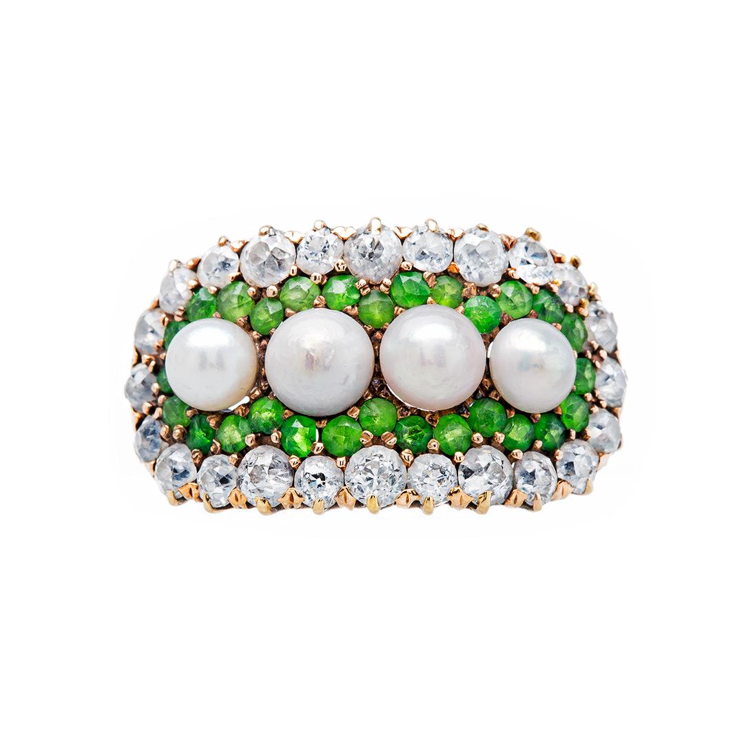 Victorian Demantoid Diamond and Pearl Cluster Ring For Sale