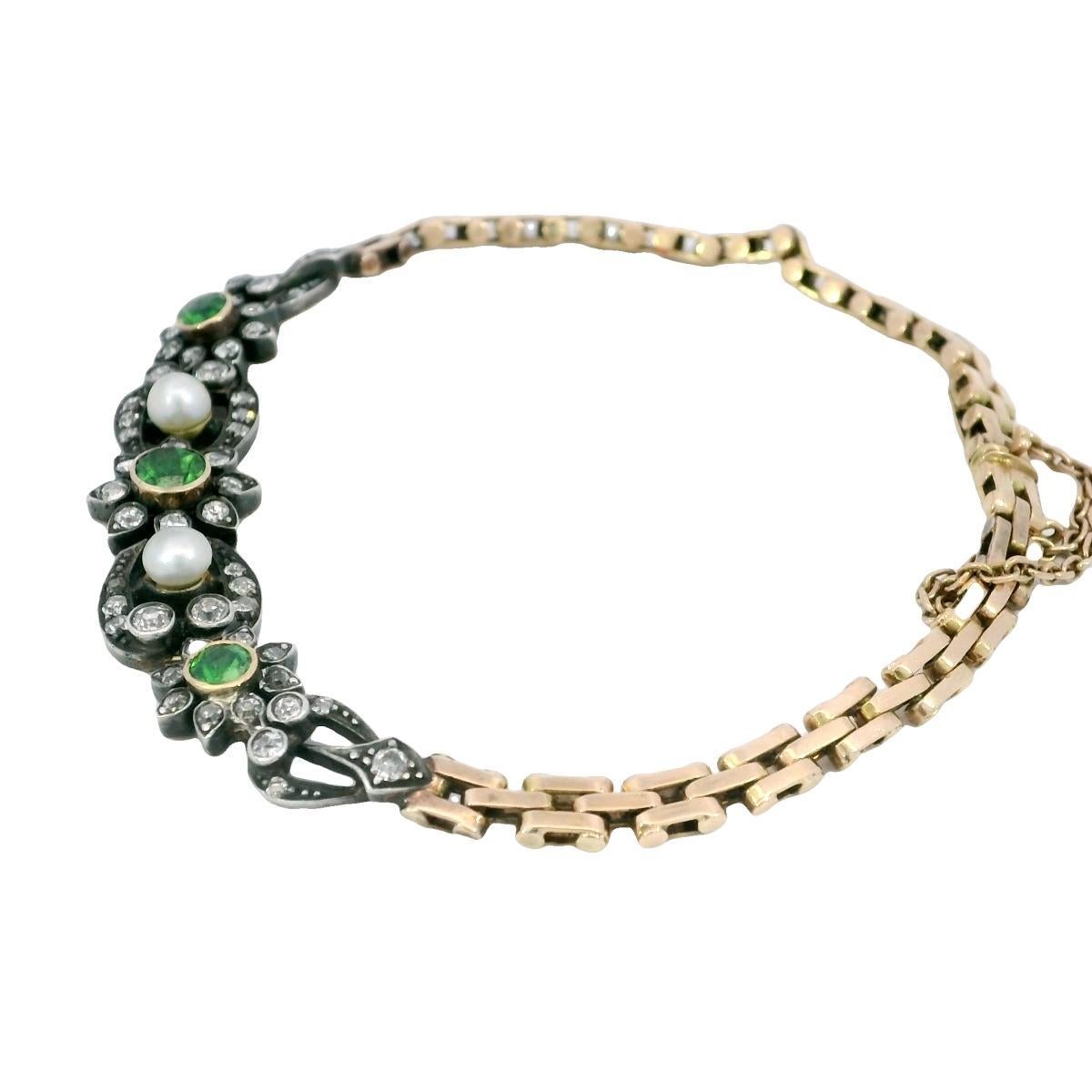 Victorian Demantoid Diamond Bracelet with Pearls 15kt Fit Size 6.5