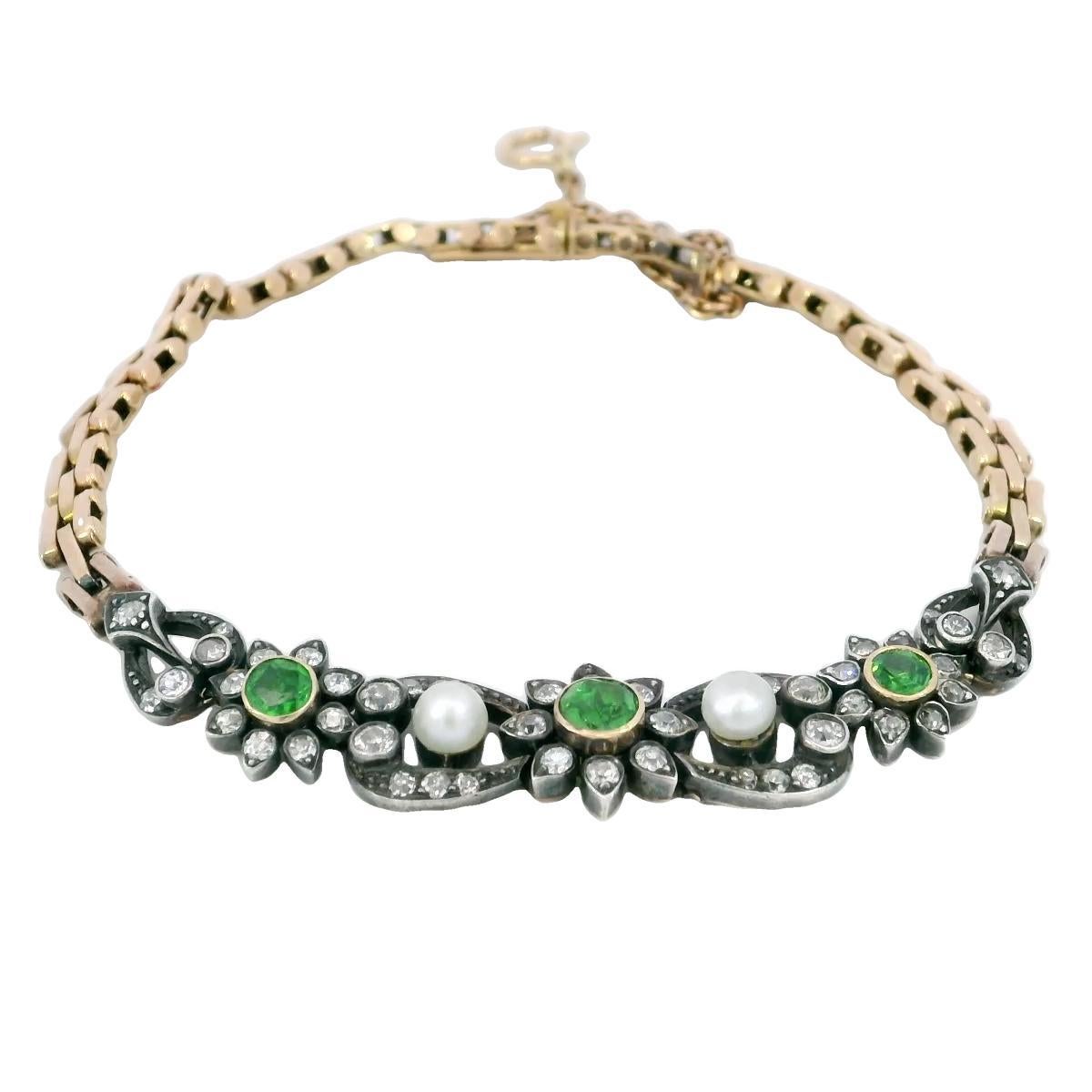 Victorian Demantoid Diamond Bracelet with Pearls 15kt Fit Size 6.5