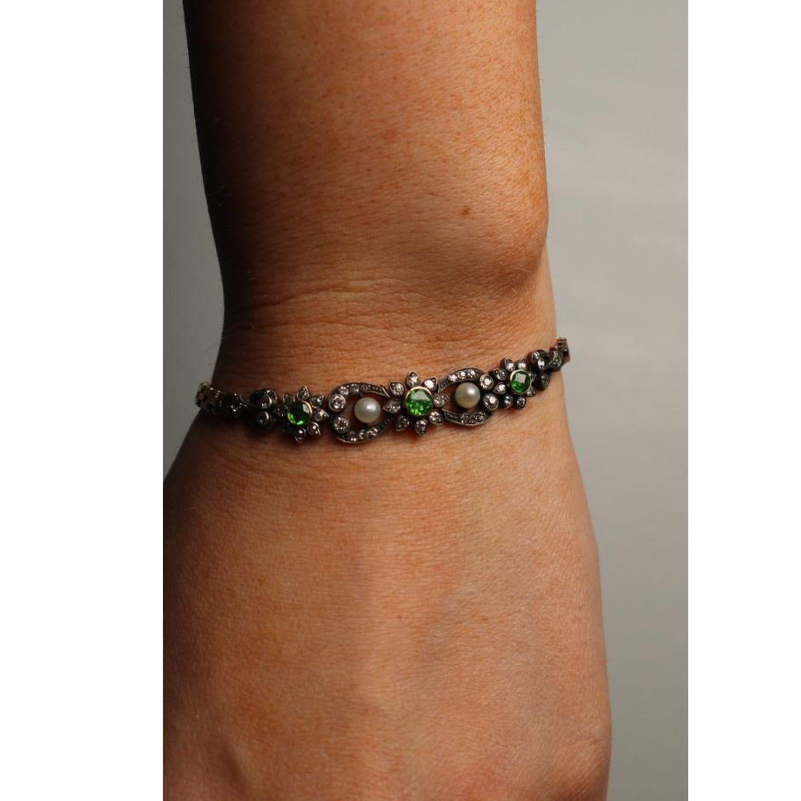 Victorian Demantoid Diamond Bracelet with Pearls 15kt Fit Size 6.5