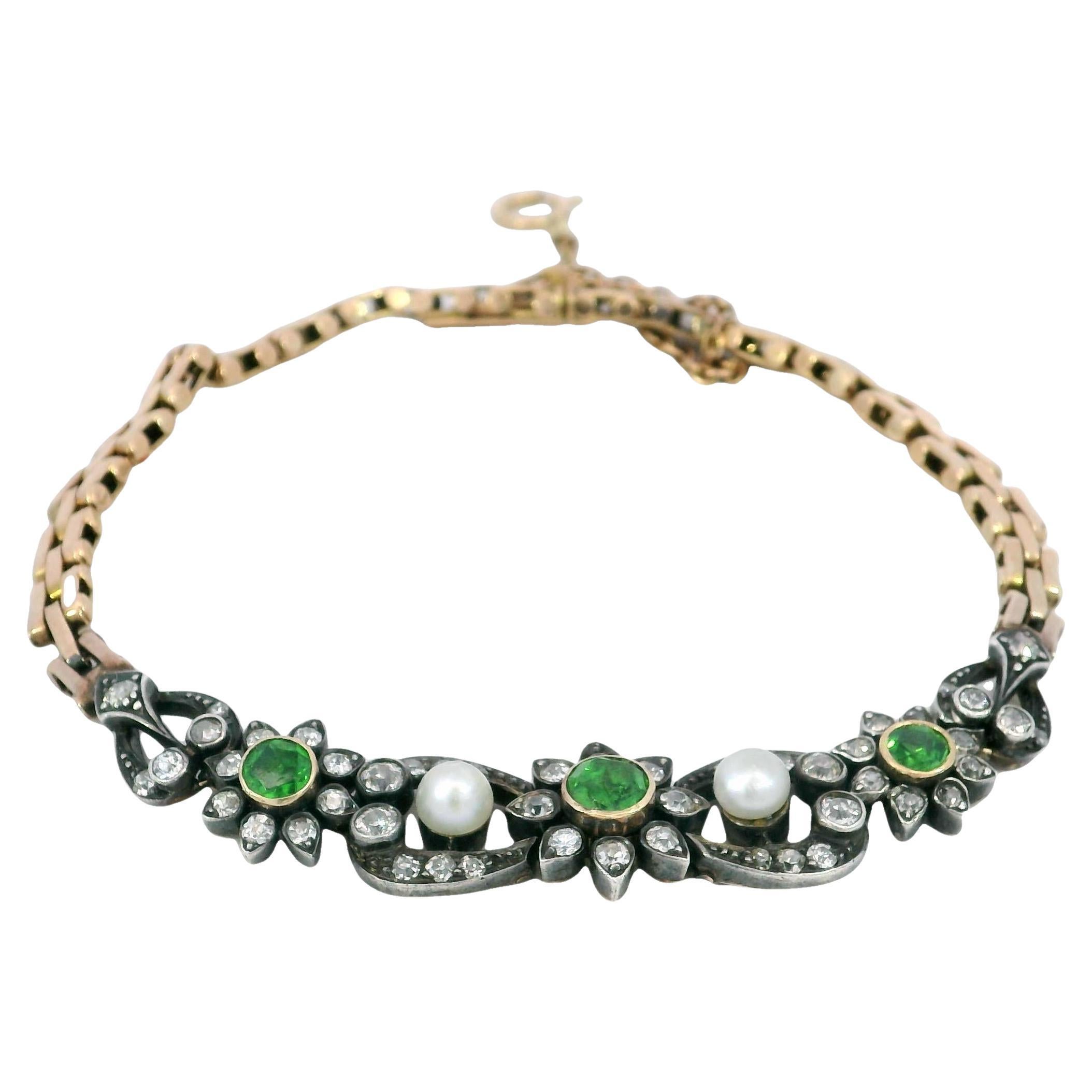 Victorian Demantoid Diamond Bracelet with Pearls 15kt Fit Size 6.5" ~1.5ctw im Angebot