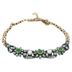 Victorian Demantoid Diamond Bracelet with Pearls 15kt Fit Size 6.5" ~1.5ctw