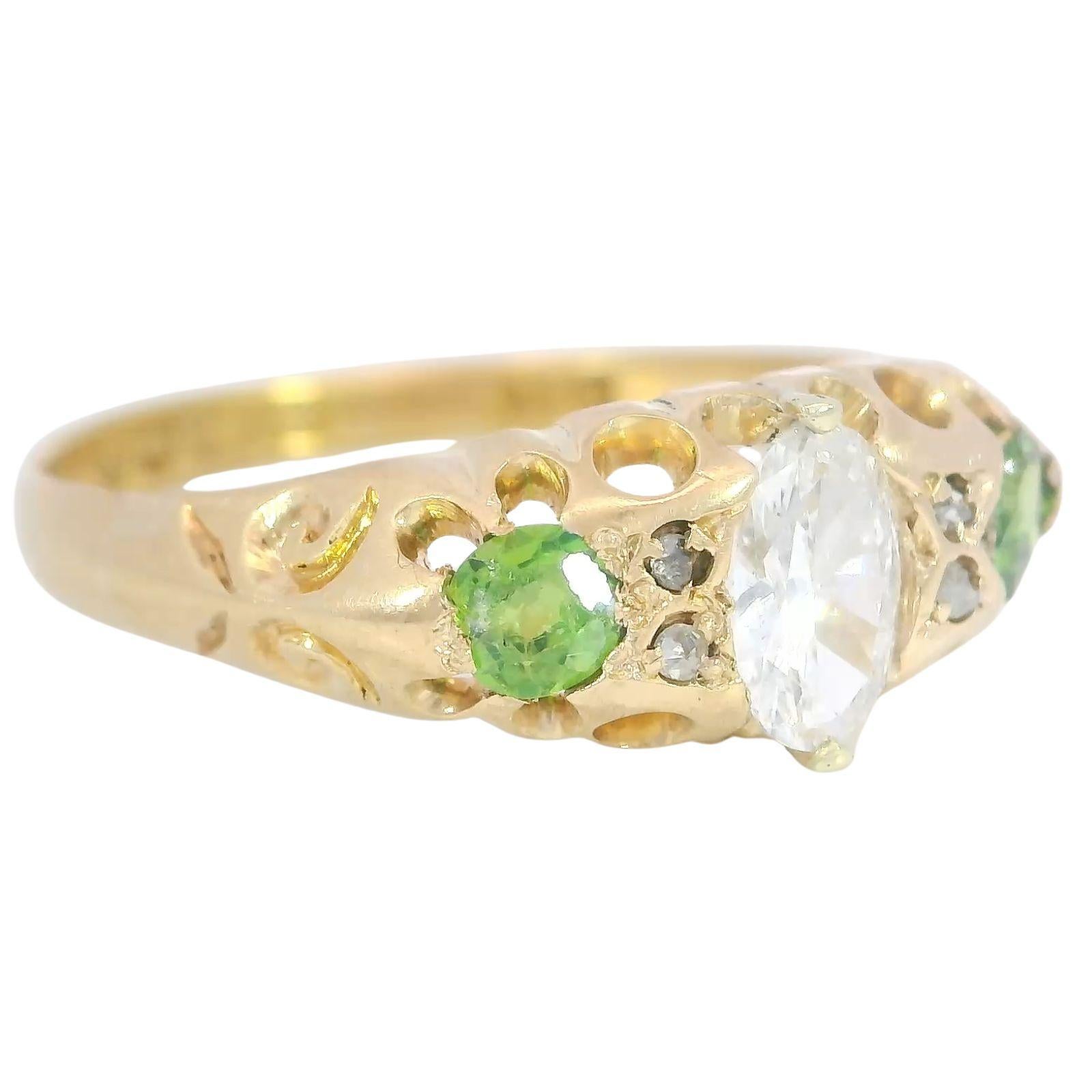 Viktorianischer Demantoid Diamantring 18K Gelbgold Englisch ~0.7ctw im Zustand „Gut“ im Angebot in Fairfield, CT
