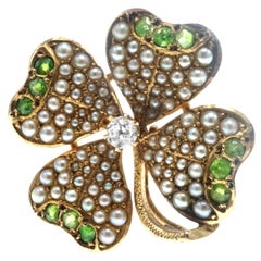 Victorian Demantoid Diamond Seed Pearl 4-Leaf Clover Brooch