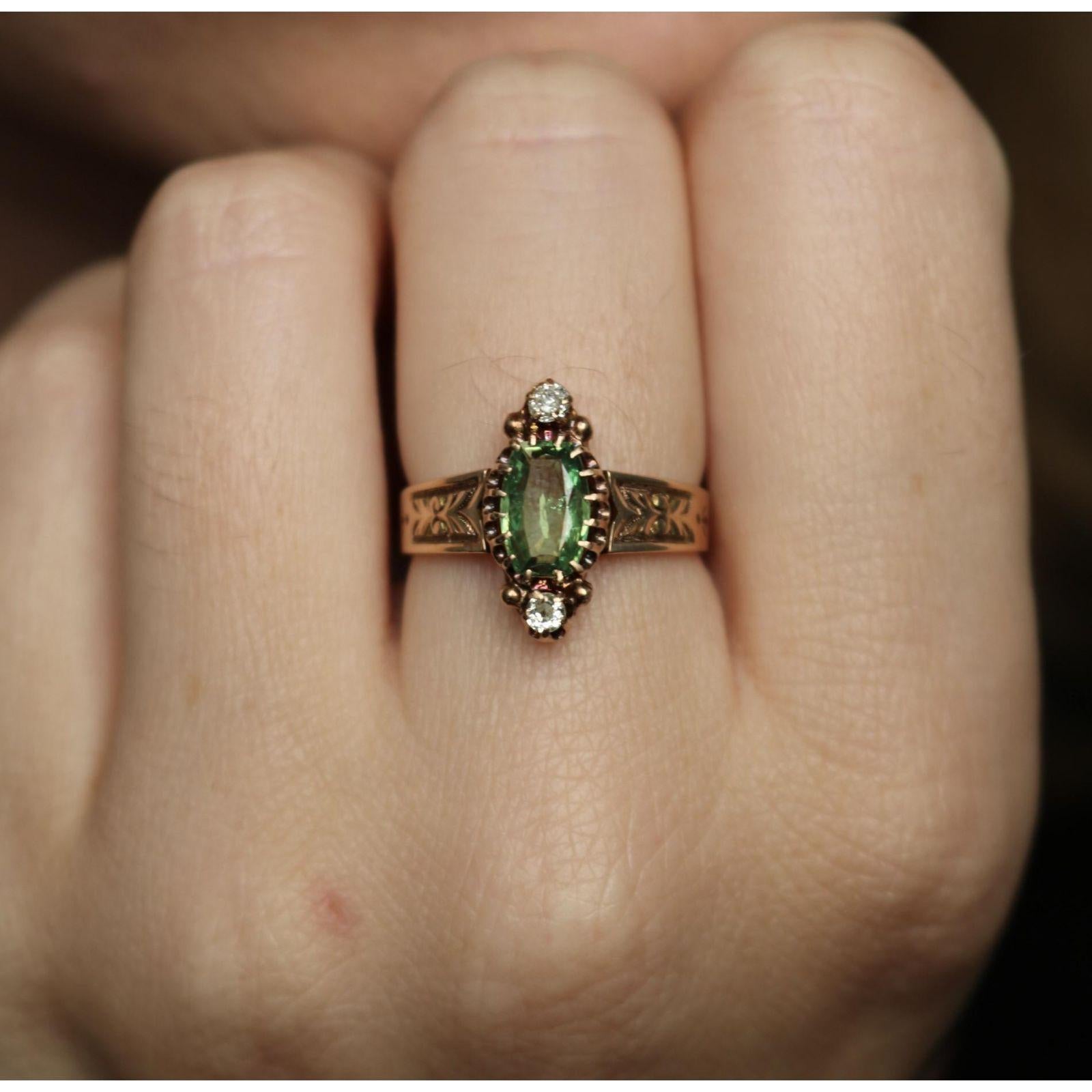 Victorian Demantoid Diamond Three Stone Ring 14K Rose Gold ~1.31ctw en vente 7