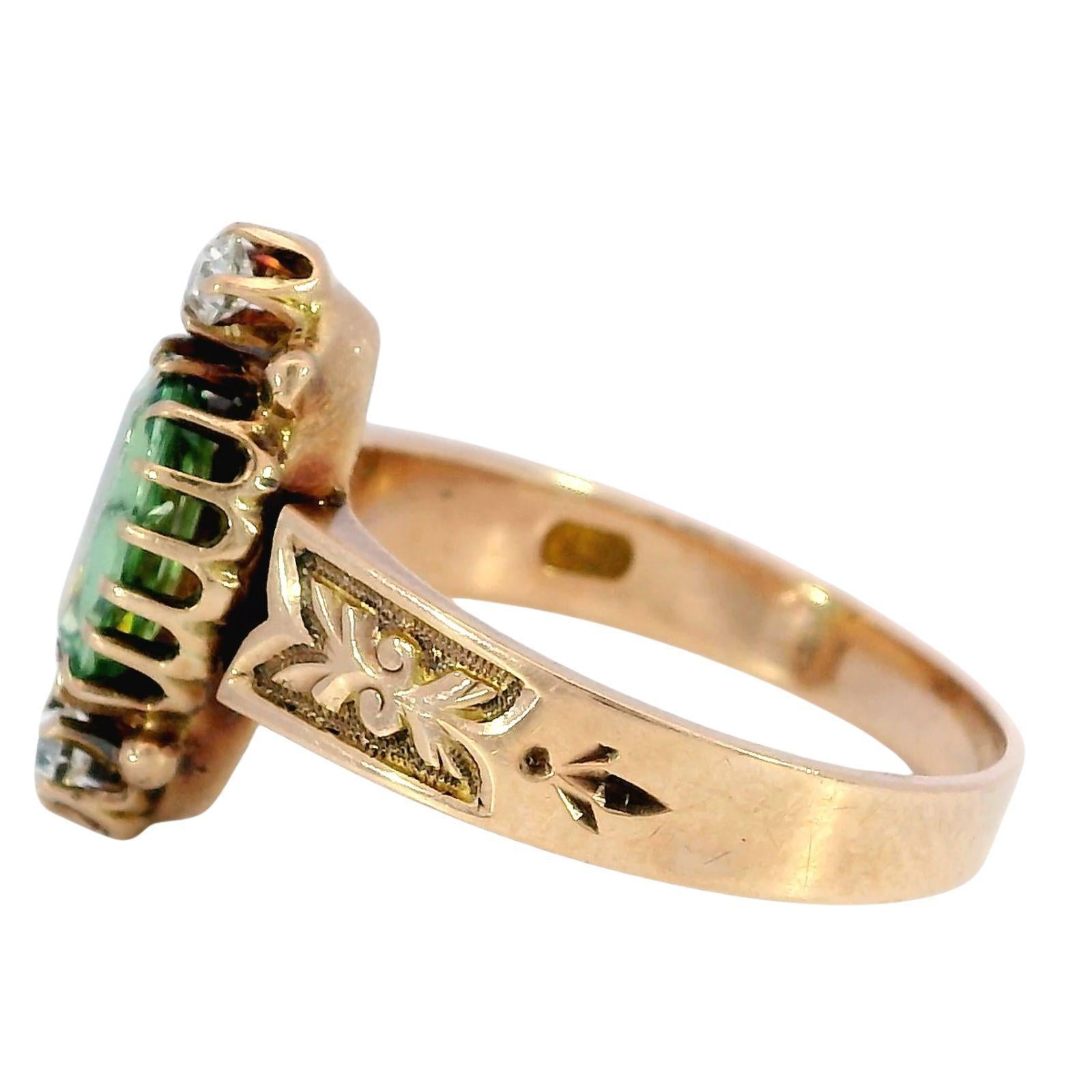 Taille coussin antique Victorian Demantoid Diamond Three Stone Ring 14K Rose Gold ~1.31ctw en vente