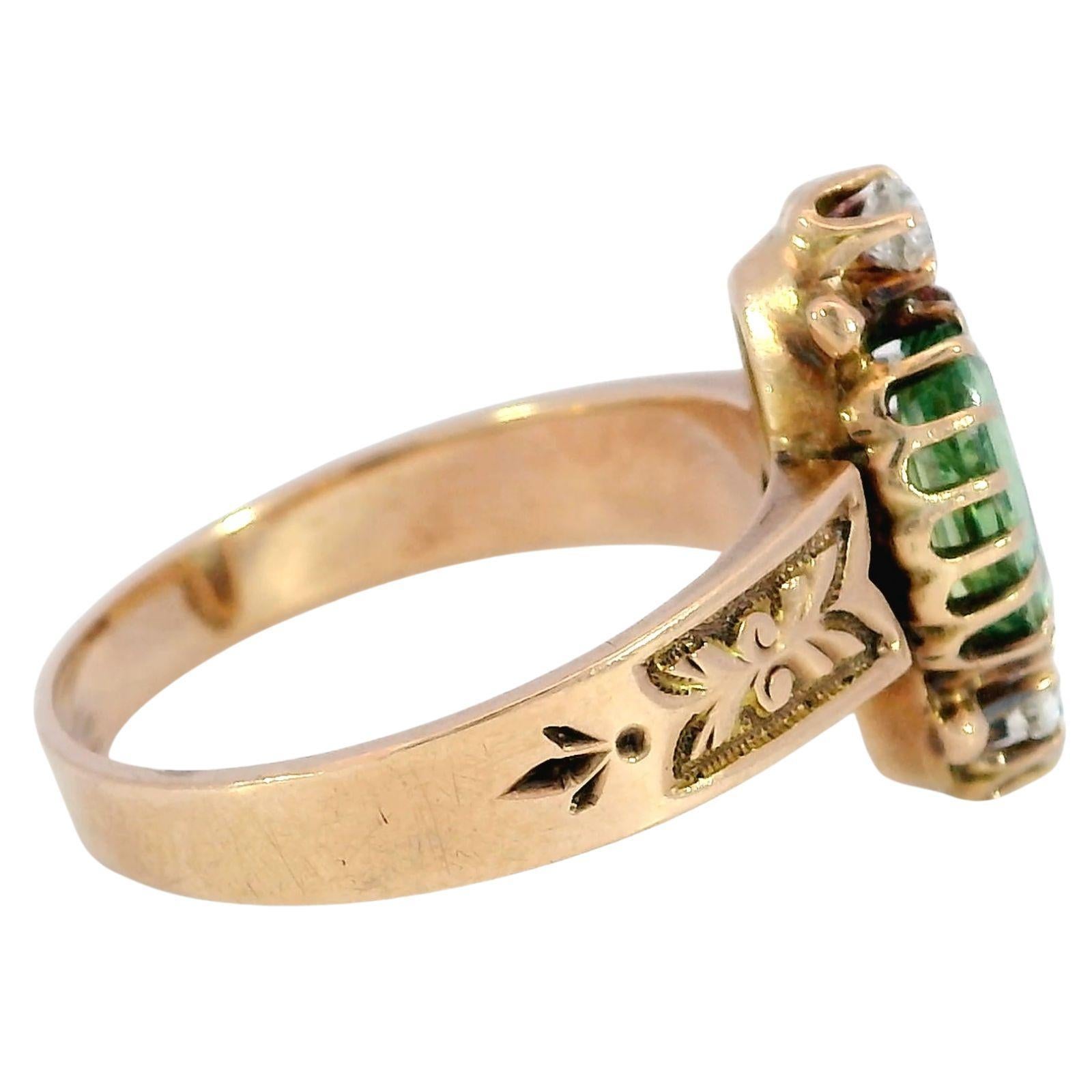 Victorian Demantoid Diamond Three Stone Ring 14K Rose Gold ~1.31ctw en vente 2