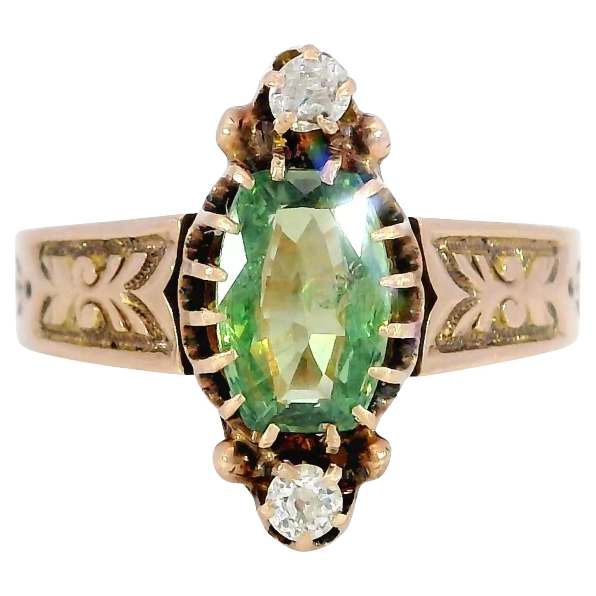 Viktorianischer Demantoid-Diamant-Drei-Stein-Ring 14K Rose Gold ~1,31ctw