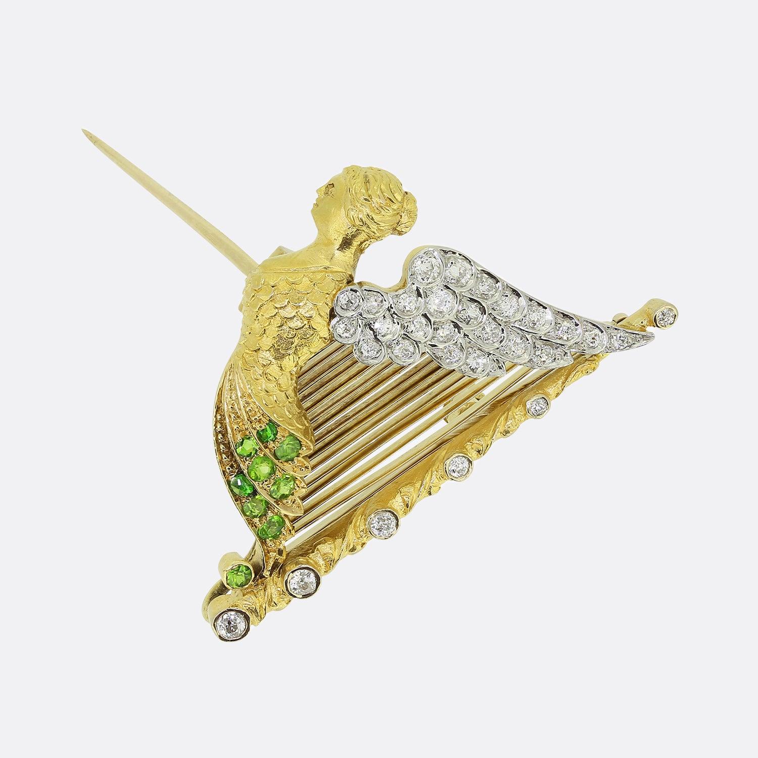 Viktorianische Angel Harp Brosche, Demantoid Granat und Diamant (Alteuropäischer Brillantschliff) im Angebot