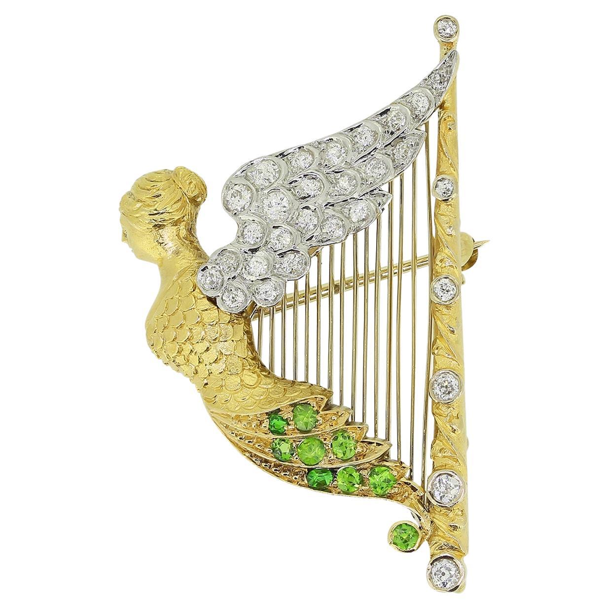 Viktorianische Angel Harp Brosche, Demantoid Granat und Diamant im Angebot