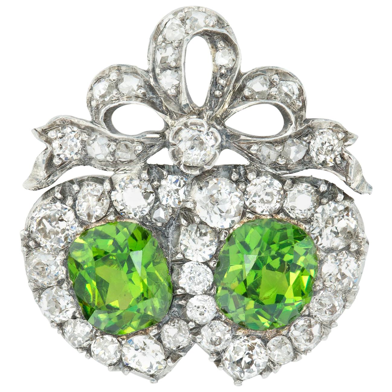 Victorian Demantoid Garnet and Diamond Double Heart Ring