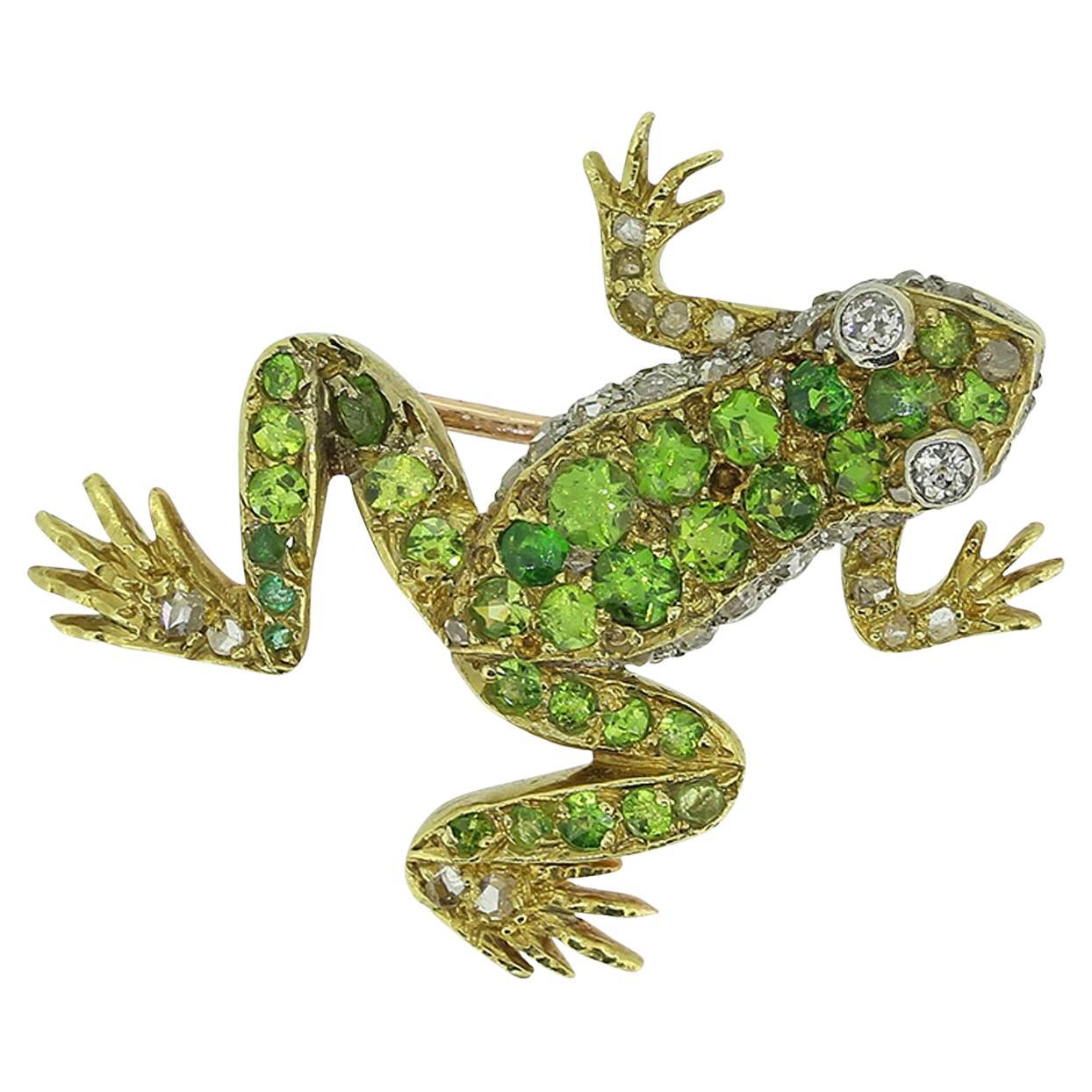 Victorian Demantoid Garnet and Diamond Frog Brooch