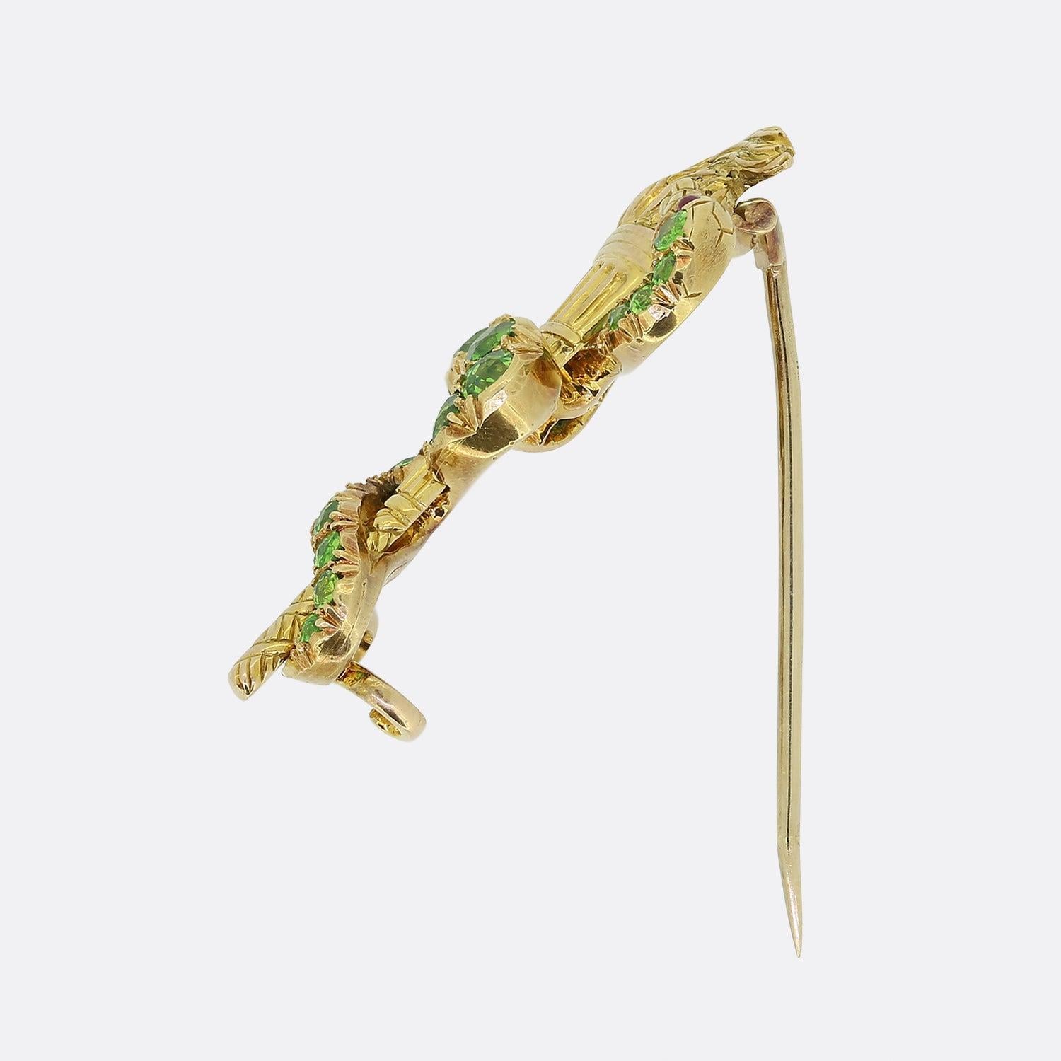 Cabochon Victorian Demantoid Garnet and Diamond Snake Brooch For Sale