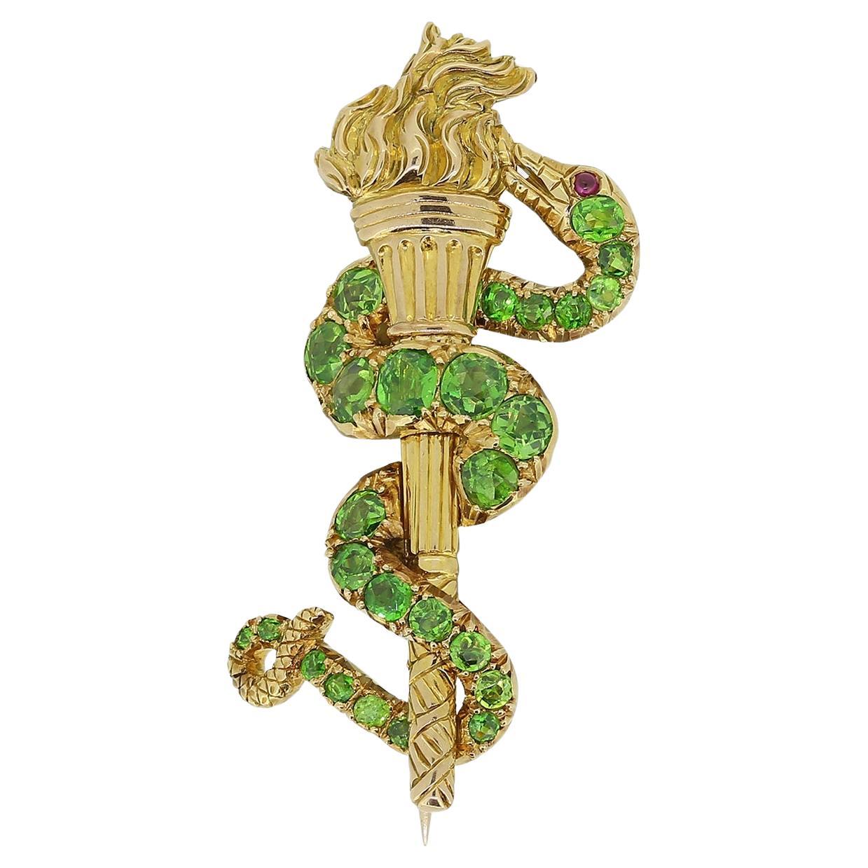 Victorian Demantoid Garnet and Diamond Snake Brooch For Sale