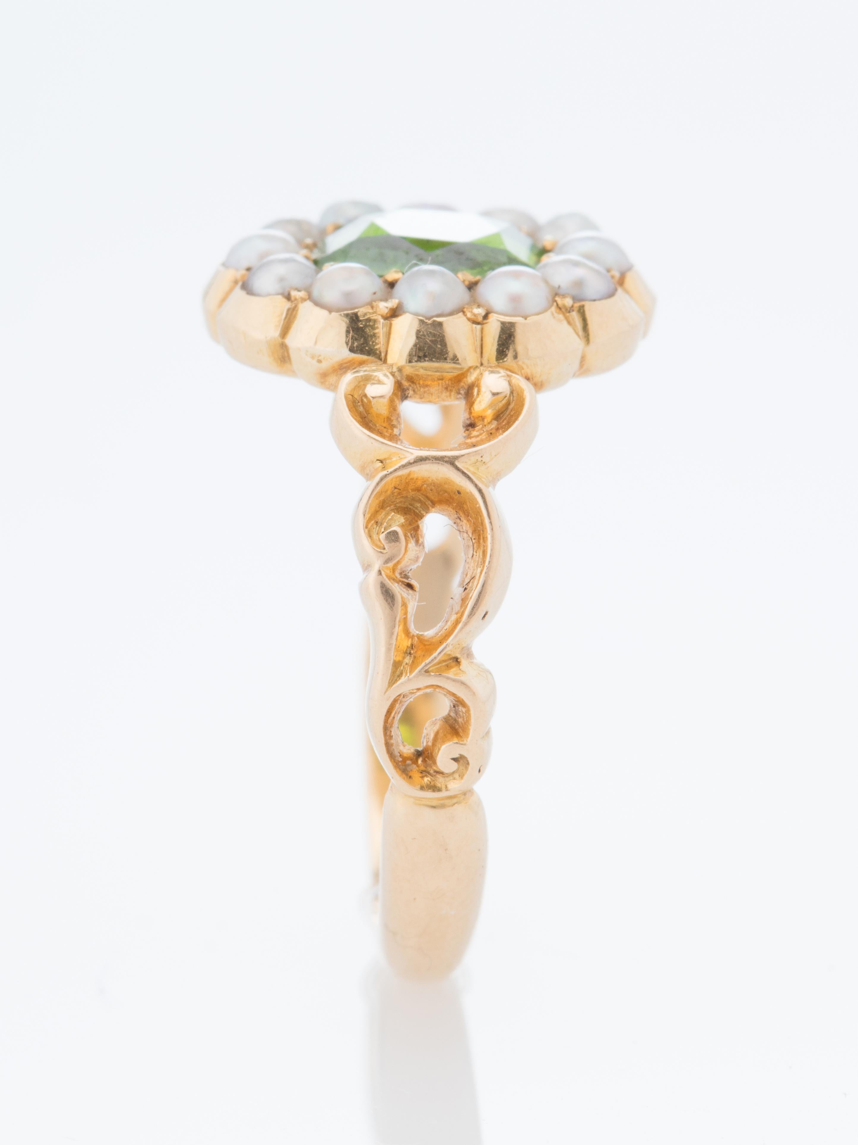 Victorian Demantoid Garnet and Natural Pearls Cluster Ring For Sale 4