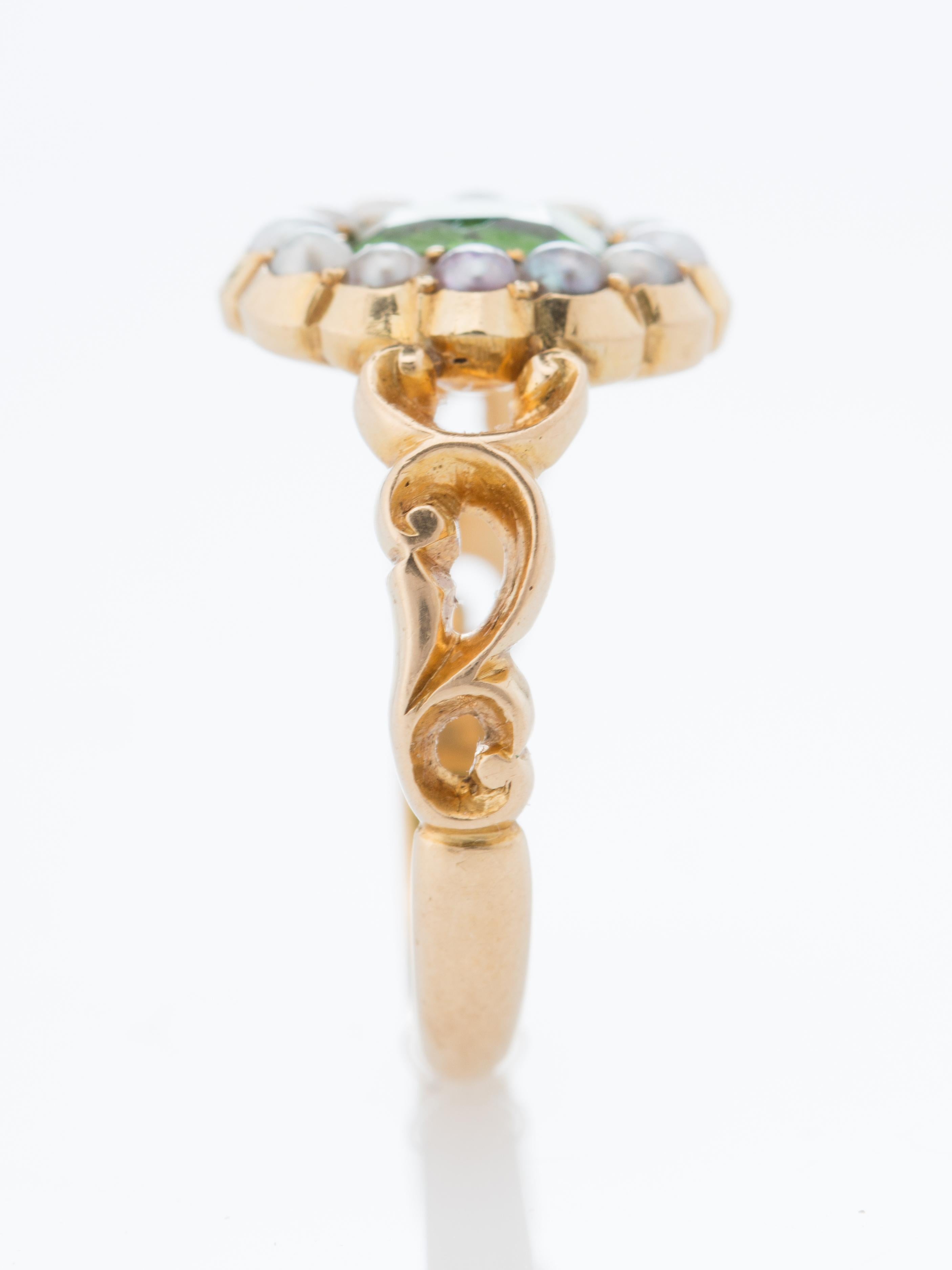 Victorian Demantoid Garnet and Natural Pearls Cluster Ring For Sale 5
