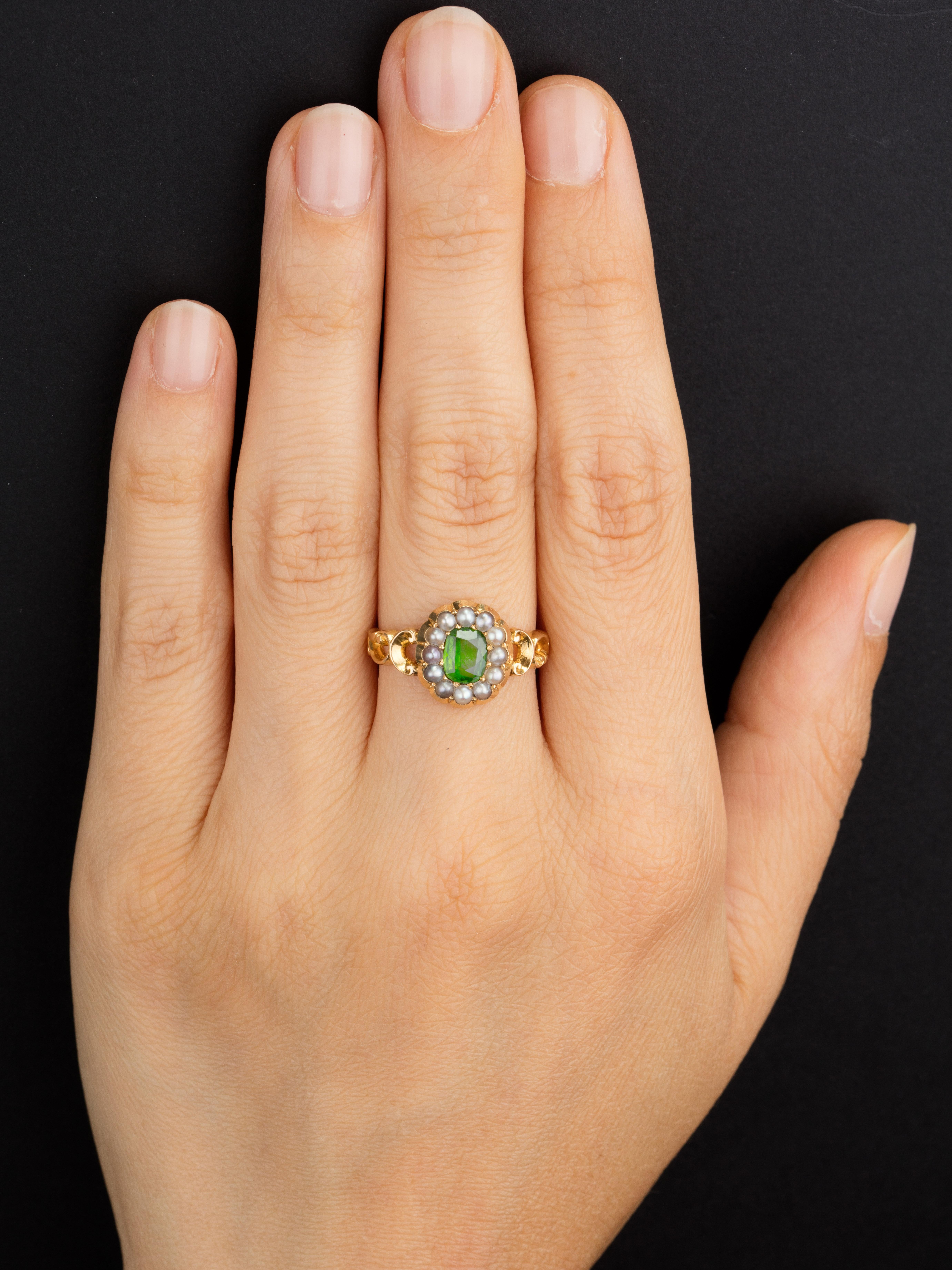 Victorian Demantoid Garnet and Natural Pearls Cluster Ring For Sale 8