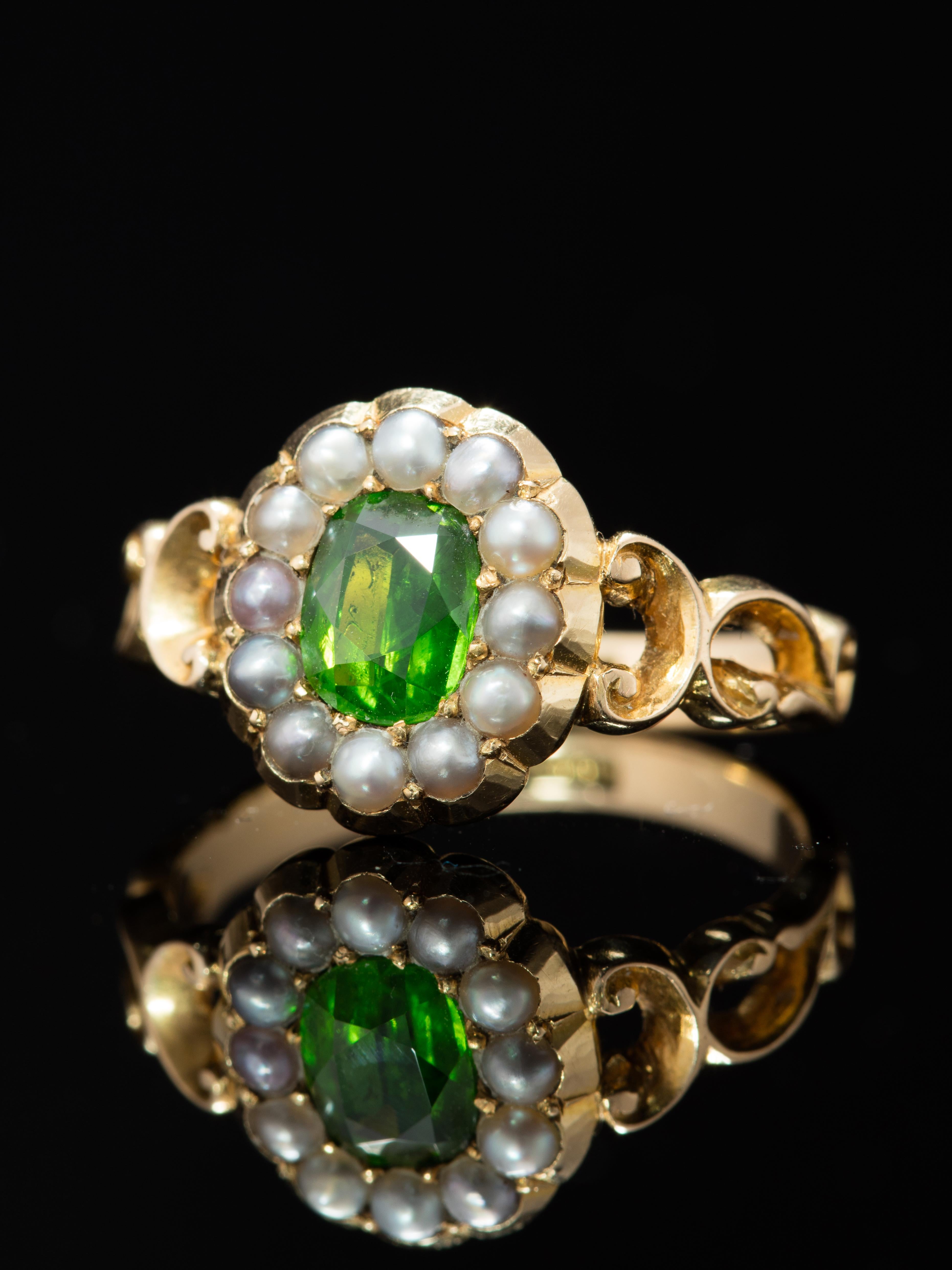 Early Victorian Victorian Demantoid Garnet and Natural Pearls Cluster Ring For Sale