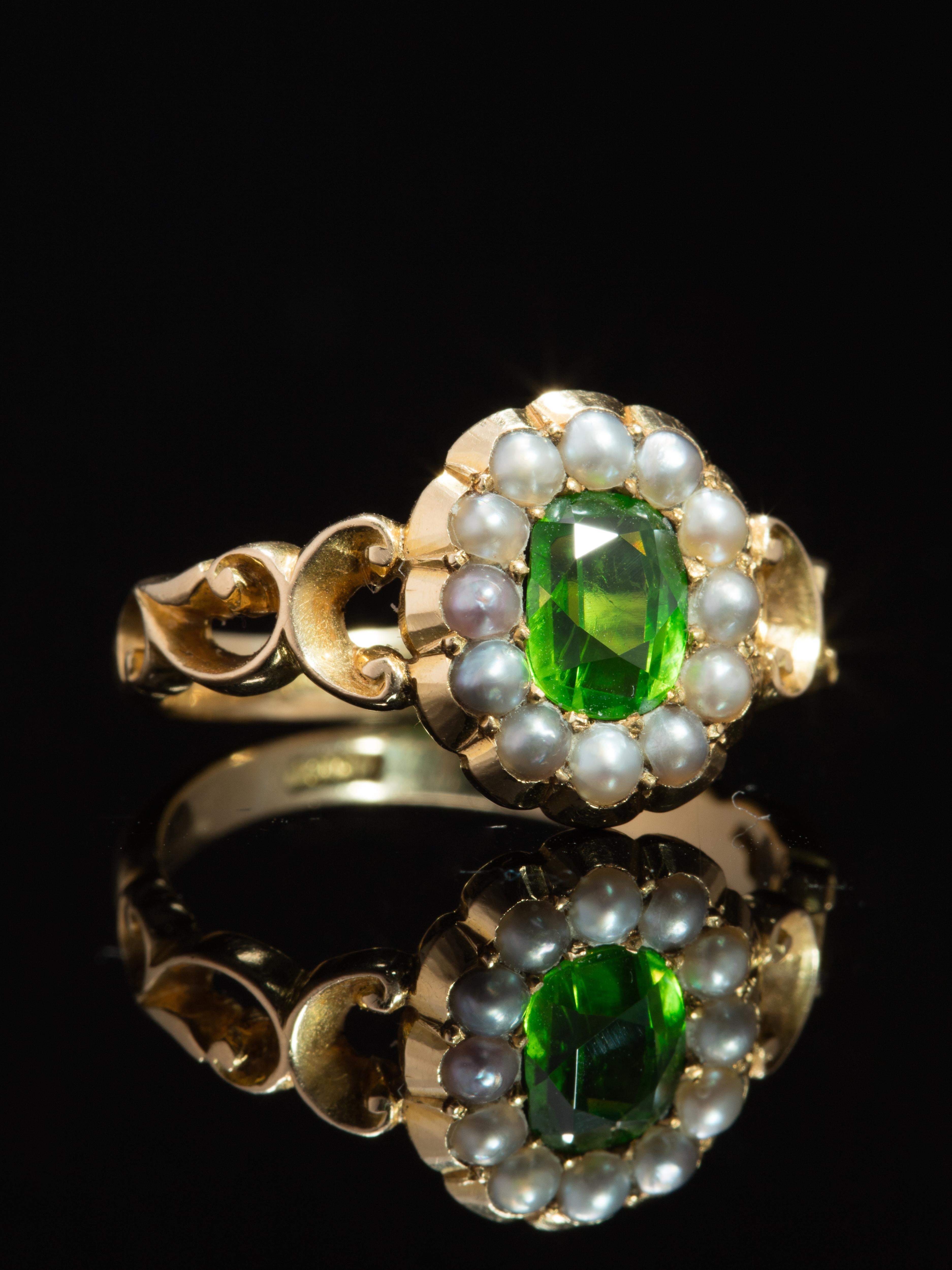 Oval Cut Victorian Demantoid Garnet and Natural Pearls Cluster Ring For Sale