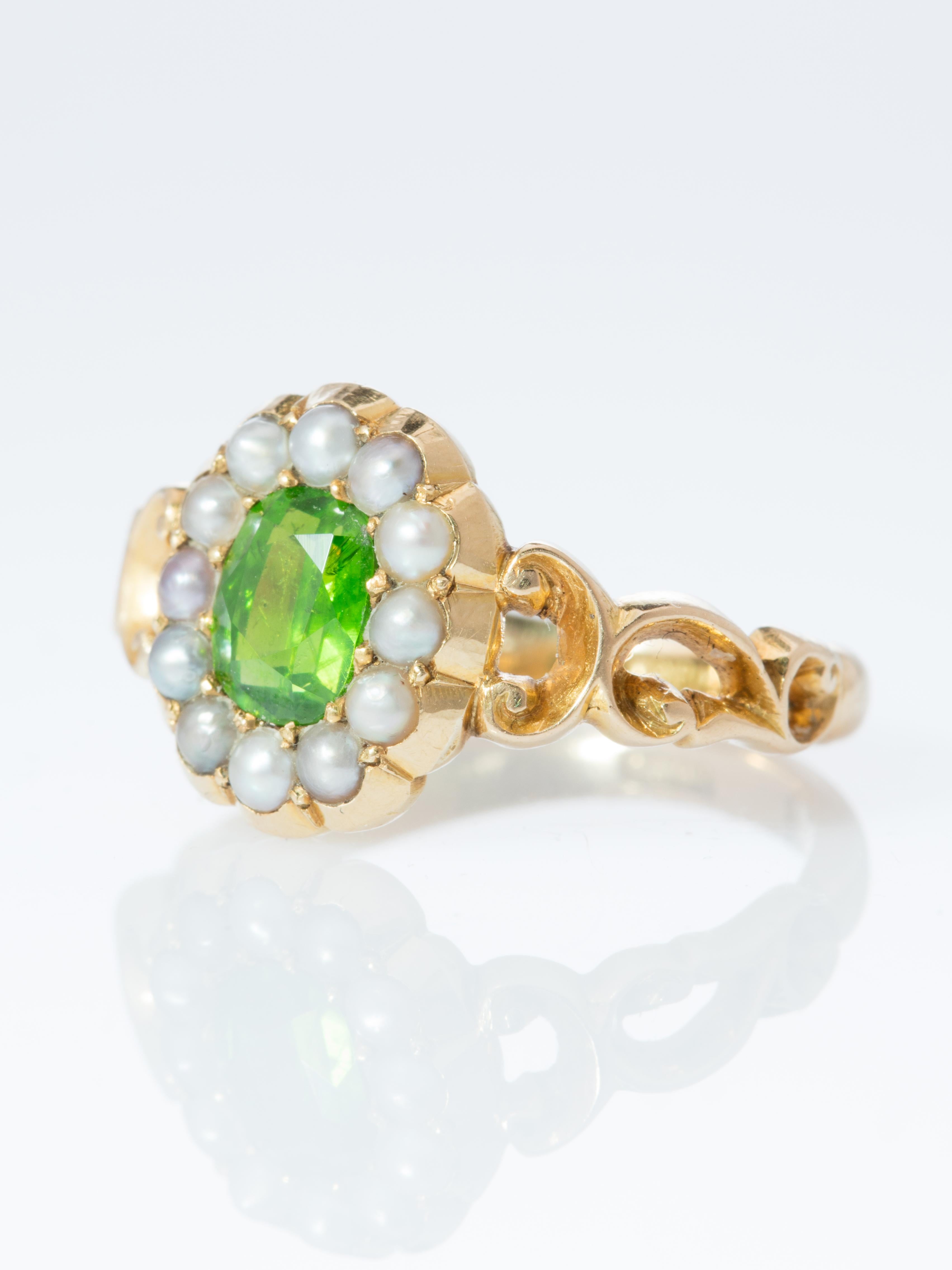 Women's Victorian Demantoid Garnet and Natural Pearls Cluster Ring For Sale