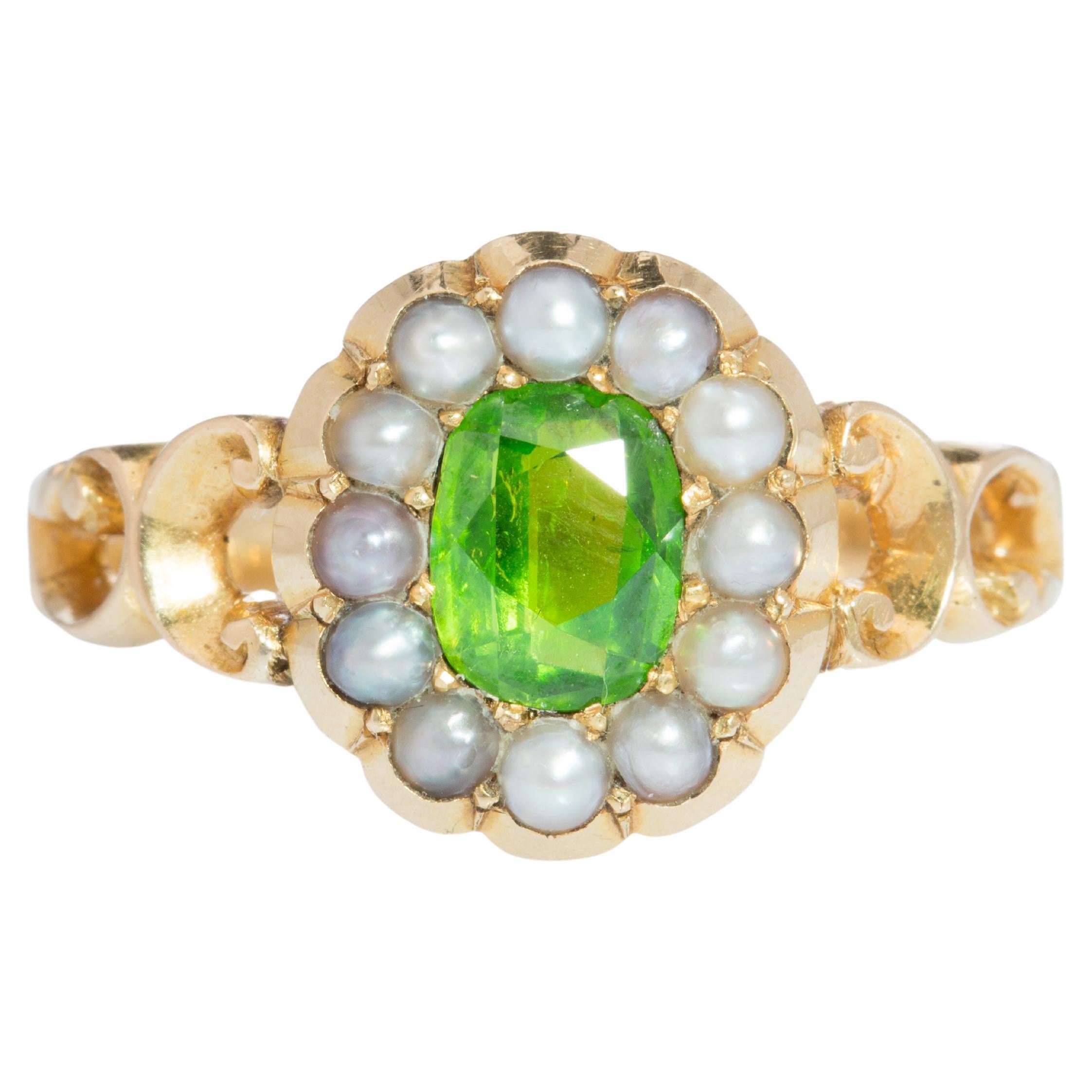 Victorian Demantoid Garnet and Natural Pearls Cluster Ring For Sale
