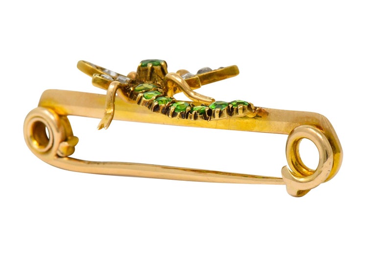 Victorian Demantoid Garnet Diamond 14 Karat Gold Dragonfly Safety Pin Brooch 5