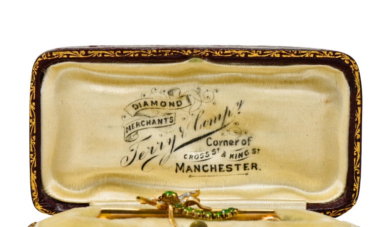 Victorian Demantoid Garnet Diamond 14 Karat Gold Dragonfly Safety Pin Brooch 6