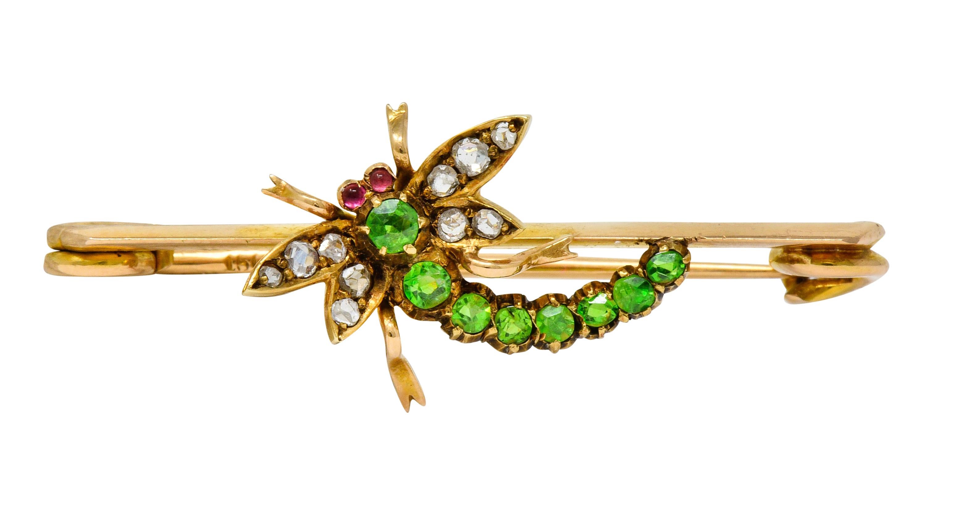 Cabochon Victorian Demantoid Garnet Diamond 14 Karat Gold Dragonfly Safety Pin Brooch