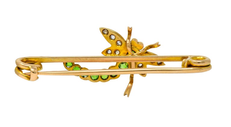 Victorian Demantoid Garnet Diamond 14 Karat Gold Dragonfly Safety Pin Brooch In Excellent Condition In Philadelphia, PA