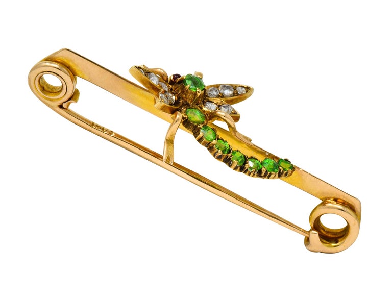 Women's or Men's Victorian Demantoid Garnet Diamond 14 Karat Gold Dragonfly Safety Pin Brooch